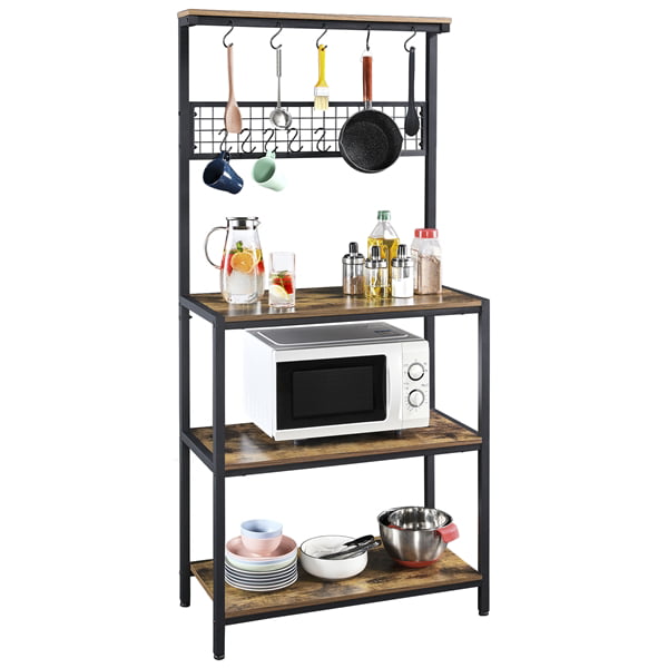 Yaheetech Adjustable Feet Microwave Stand 67''H Baker's Rack For Kitchen Rustic Utility Storage Shelf Unit With 4 Storage Shelves and 10 Hooks Rustic Brown
