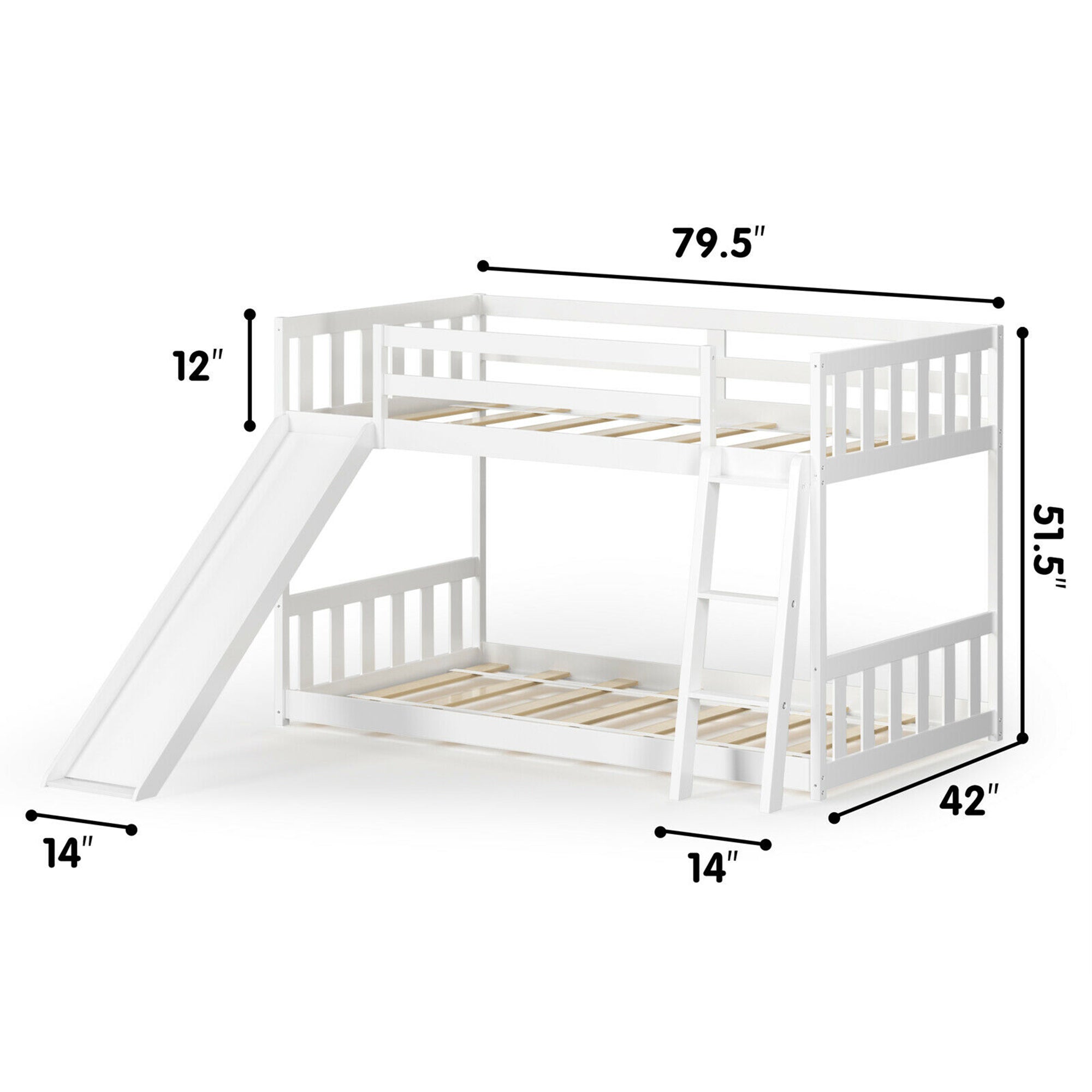 Gymax Twin over Twin Bunk Wooden Low Bed with Slide Ladder for Kids White