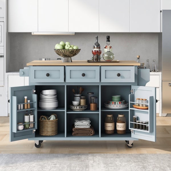 Blue Kitchen Island on 5 Wheels with Storage Cabinet and 3 Drawers - - 37159687