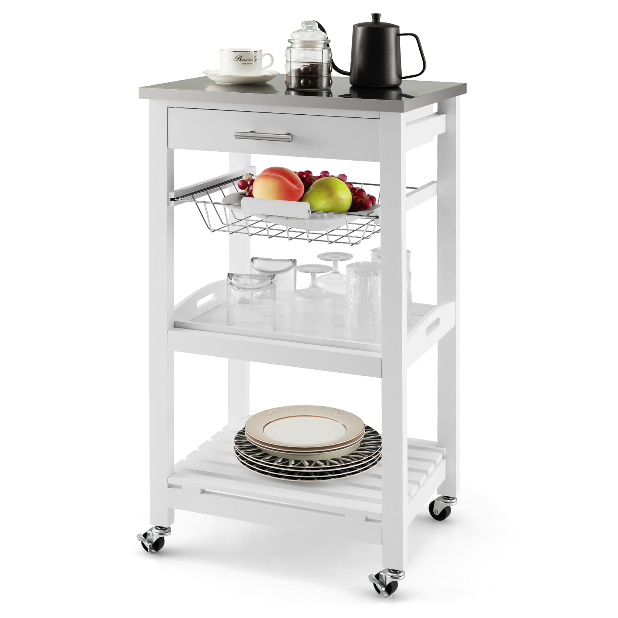 Costway Compact Kitchen Island Cart Rolling Service Trolley withStainless Steel Top Basket