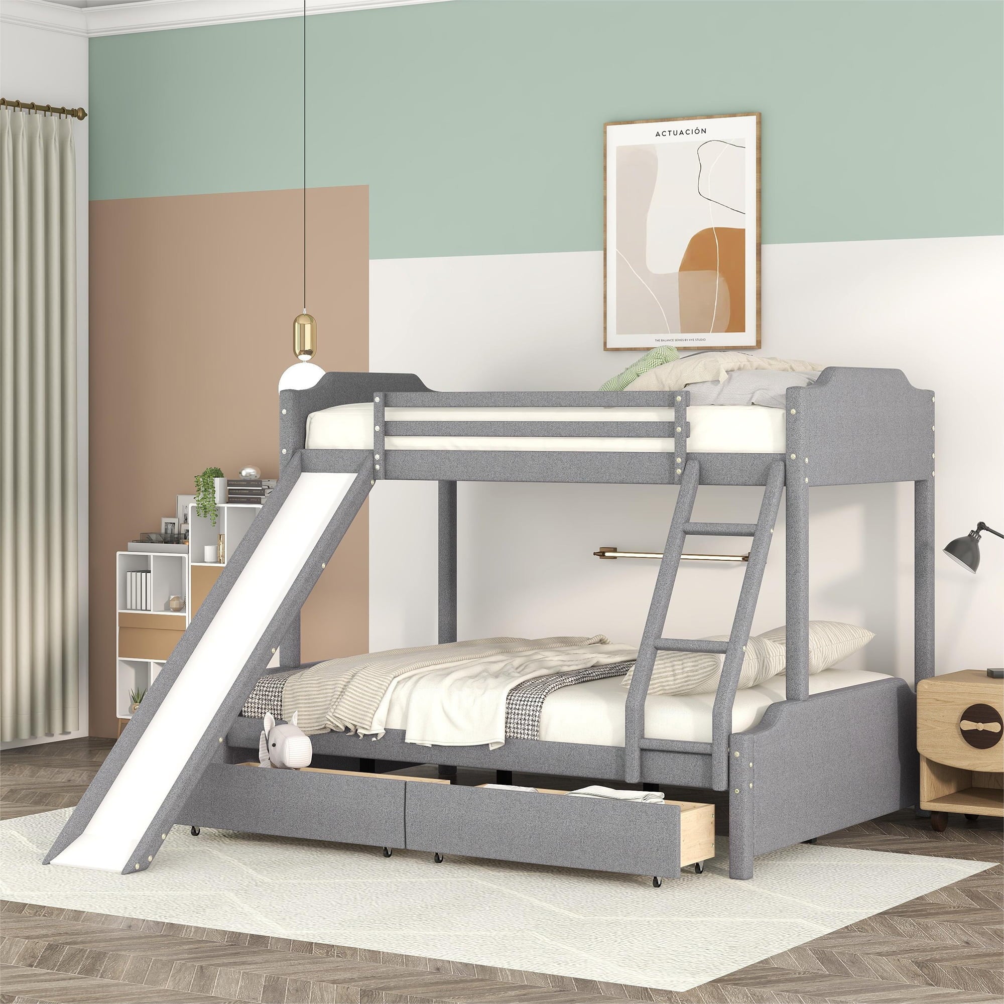 EUROCO Upholstery Twin over Full Bunk Bed with Slide and Drawers for Kids Room, Gray