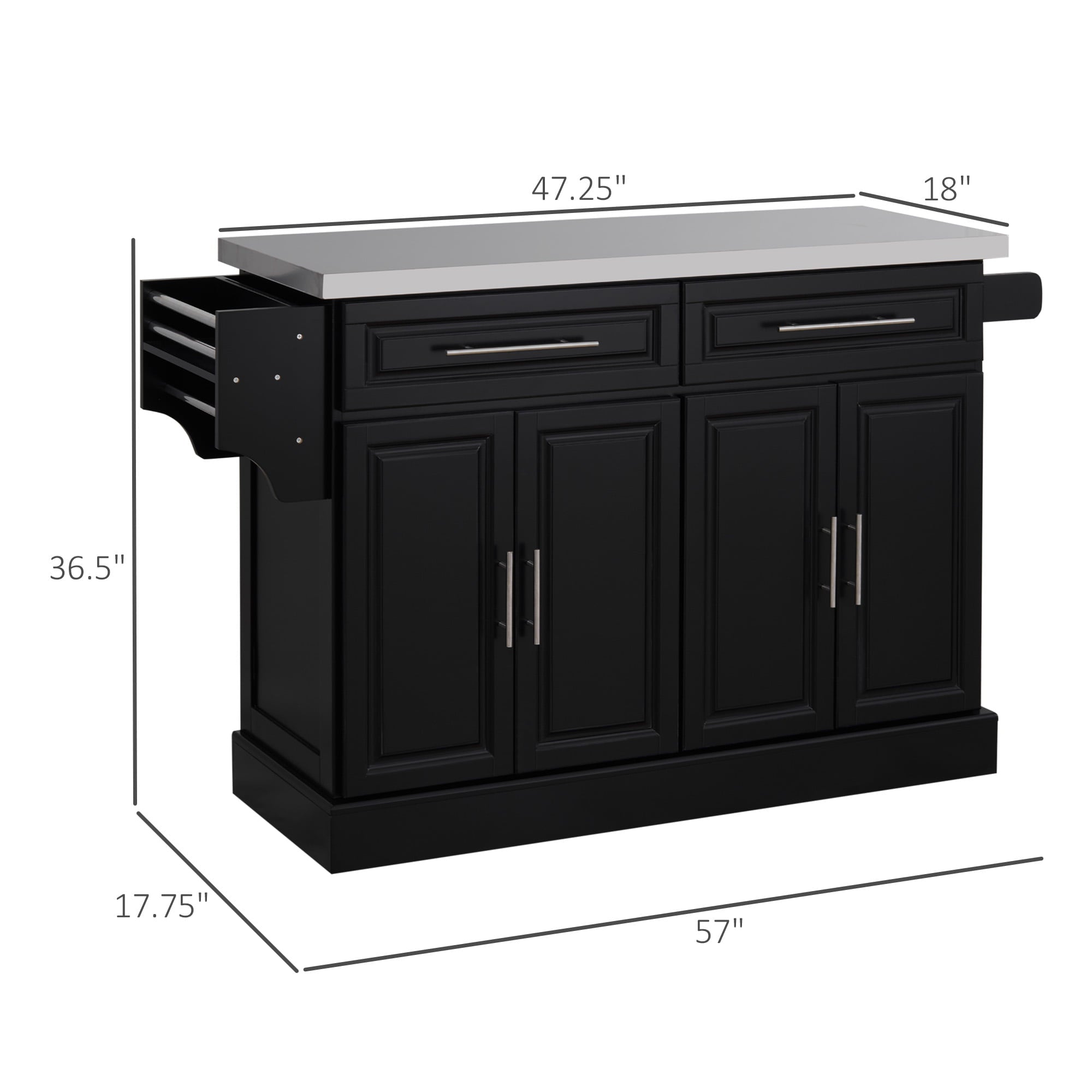 HOMCOM Rolling Kitchen Island Cart with Cabinets and Drawers， Black