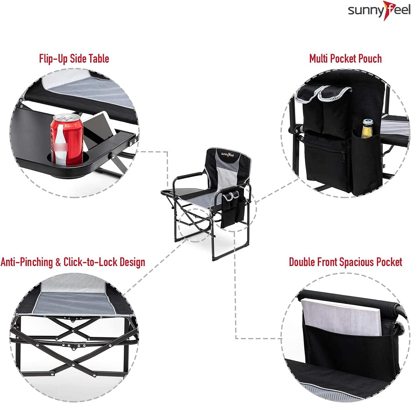 Sunnyfeel 2-Set Camping Directors Chair, Oversized Portable Folding Chair with Side Table, Pocket for Beach, Fishing,Trip,Picnic,Lawn,Concert Outdoor Foldable Camp Chairs