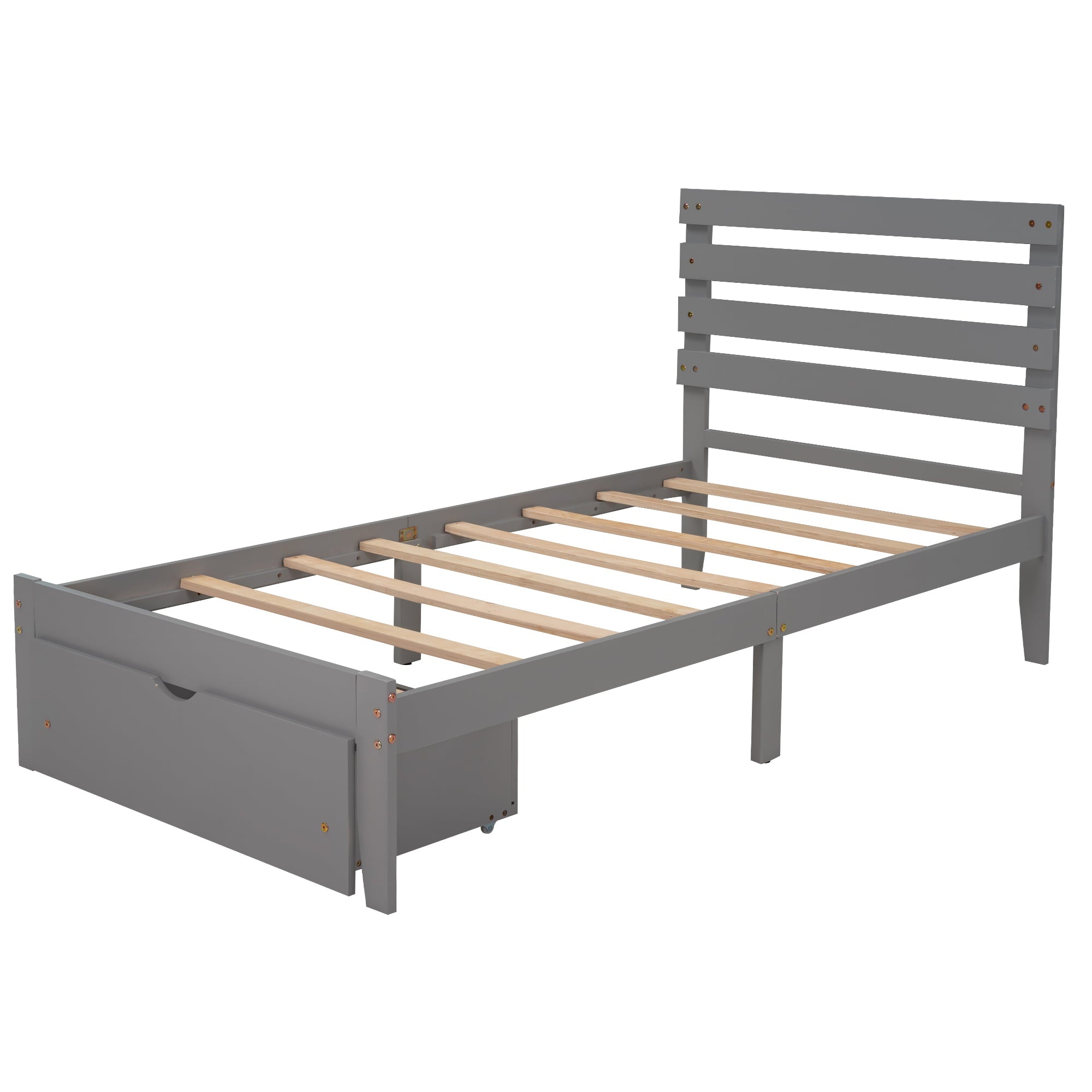 Euroco Twin Wooden Platform Bed with Drawer for Kids, Gray