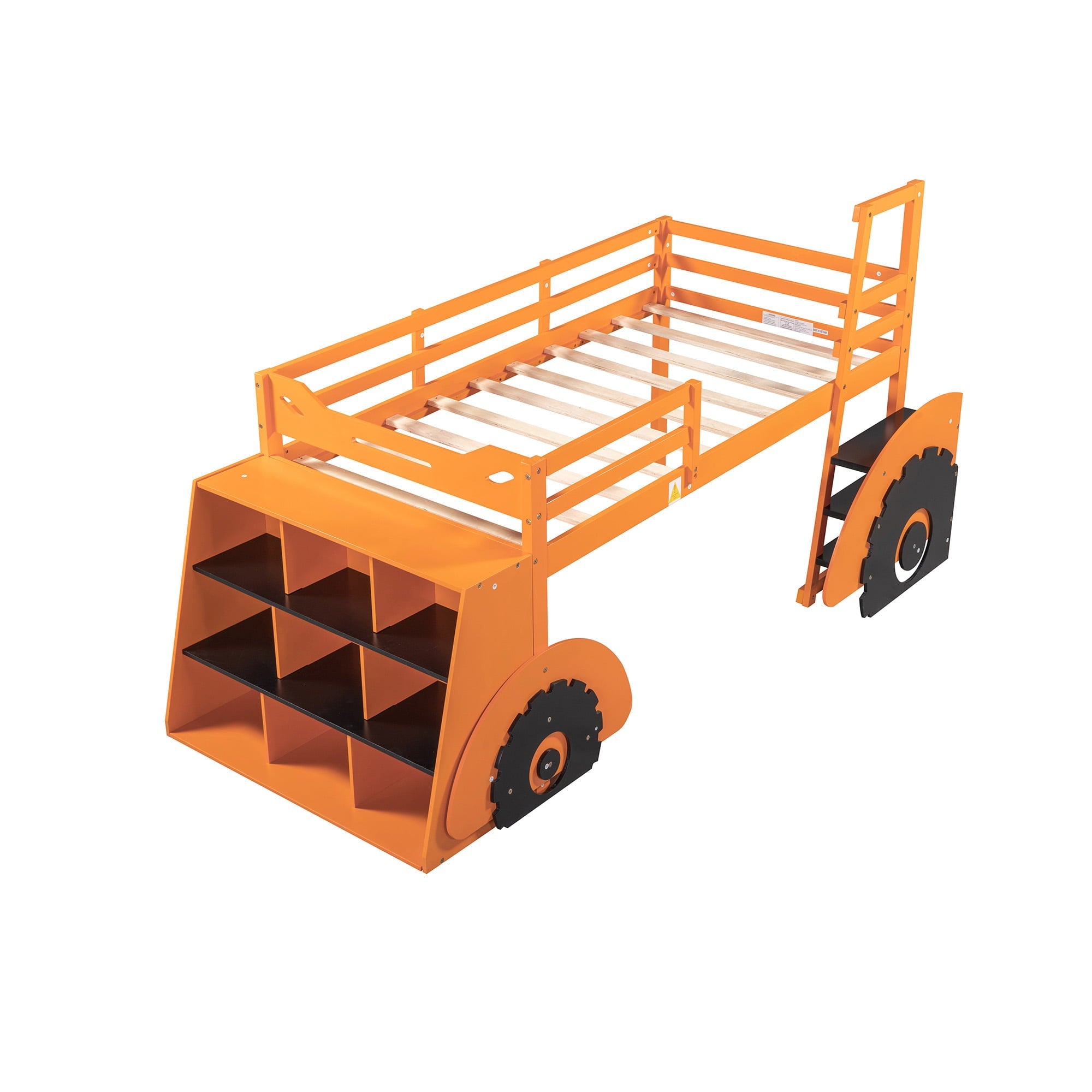 Pine Wood Car-Shaped Low Loft Bed with Shelf for Kids Bedroom, Orange
