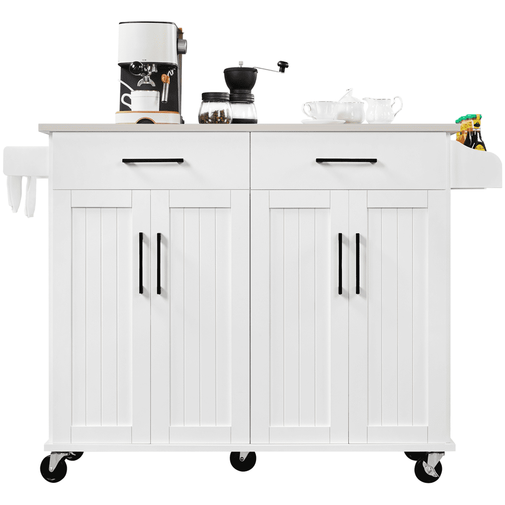 Yaheetech Kitchen Island with Storage Drawers and Cabinets and Towel Bar and Spice Rack， White
