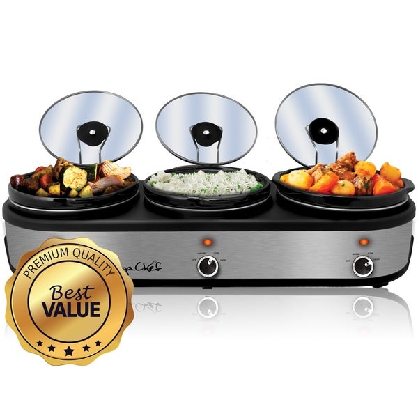 Triple 2.5 Qt Slow Cooker Server in Brushed Silver with Ceramic Pots - - 29870239