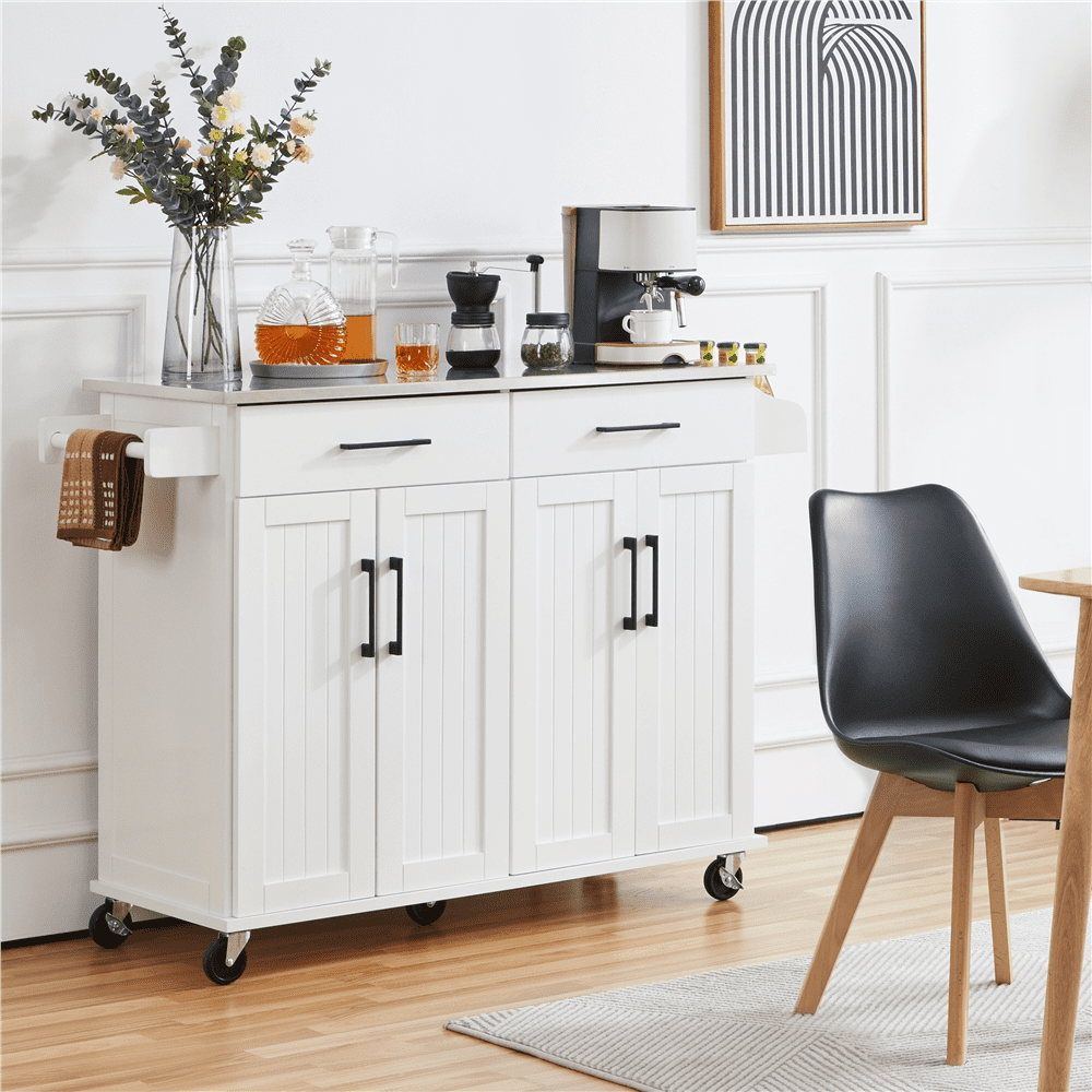 Yaheetech Kitchen Island with Storage Drawers and Cabinets and Towel Bar and Spice Rack， White