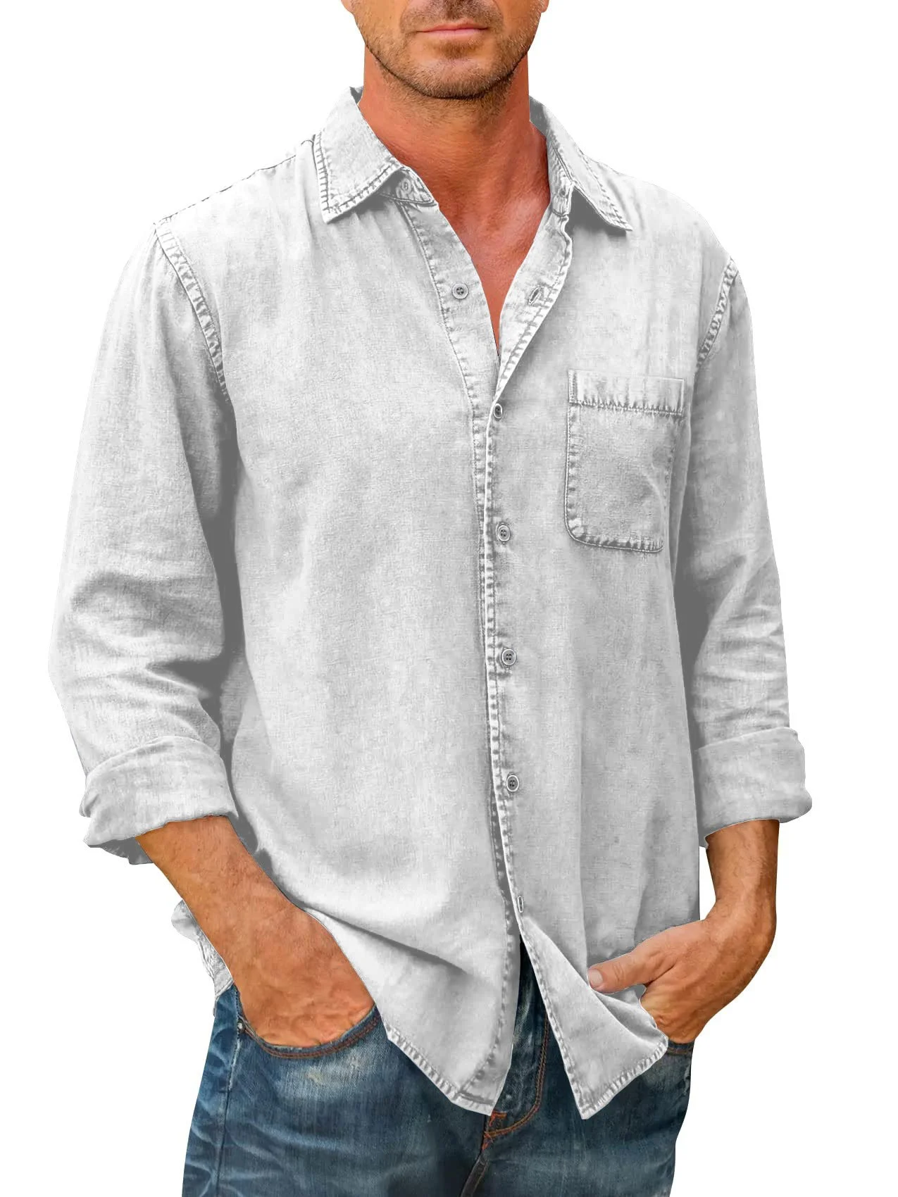 🔥Mens Denim Long Sleeve Button Down Shirt