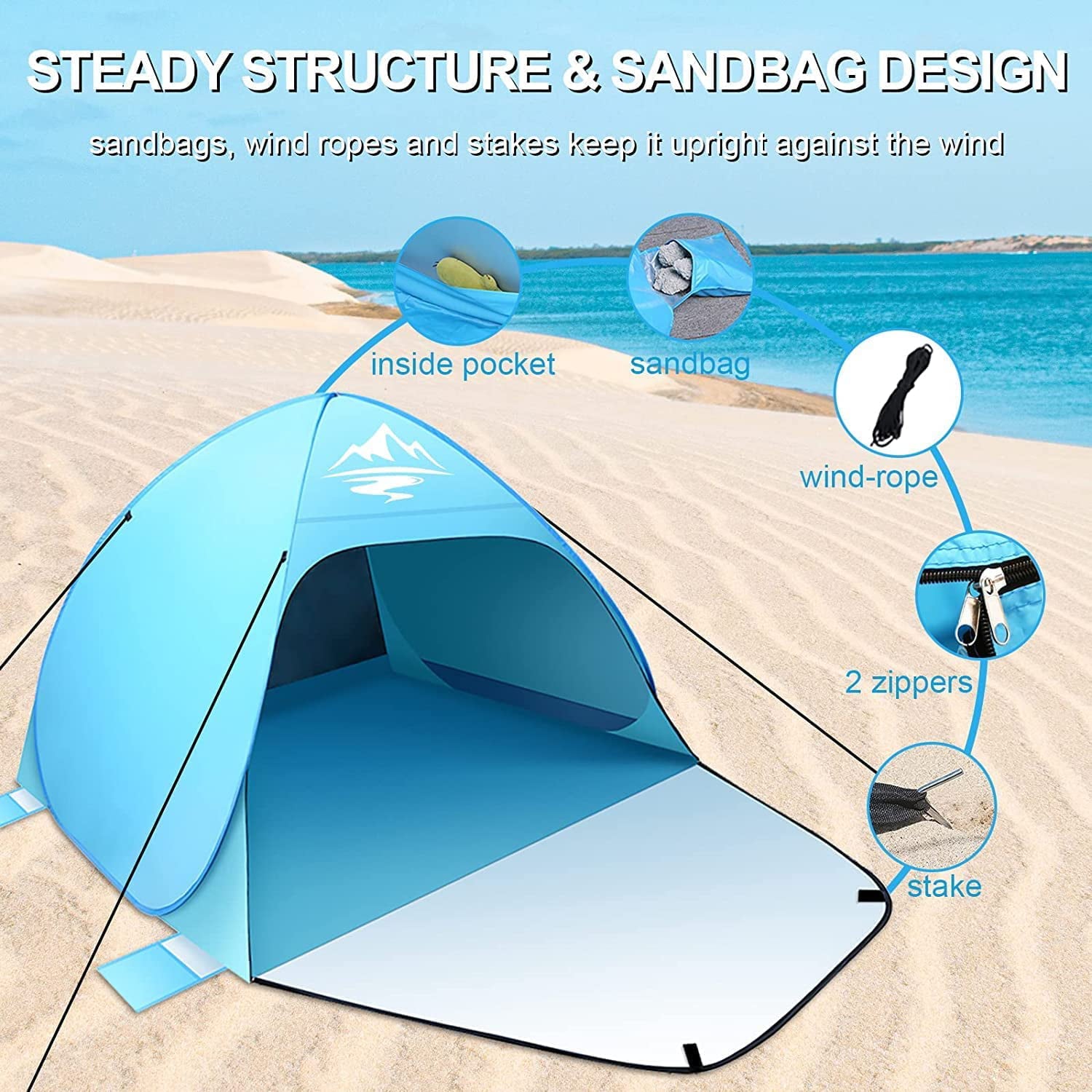 Pop Up Beach Tent UPF 50 Sun Shelter 2-3 Person Automatic Waterproof Fishing Picnic BFULL Camping Tent W/ Carry Bag Blue