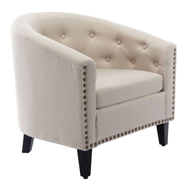 Comfortable Modern Design Linen Fabric Leisure Barrel Chair with Wood Legs and Nailheads