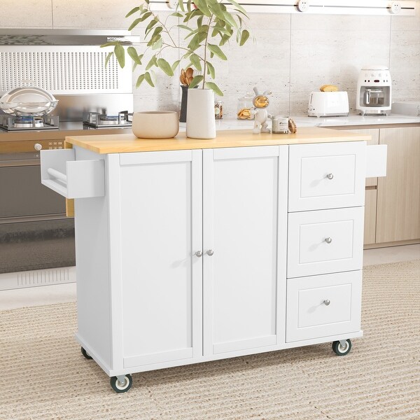 Solid Wood Drop Leaf Top Rolling Kitchen Island with Drawers - - 36827732