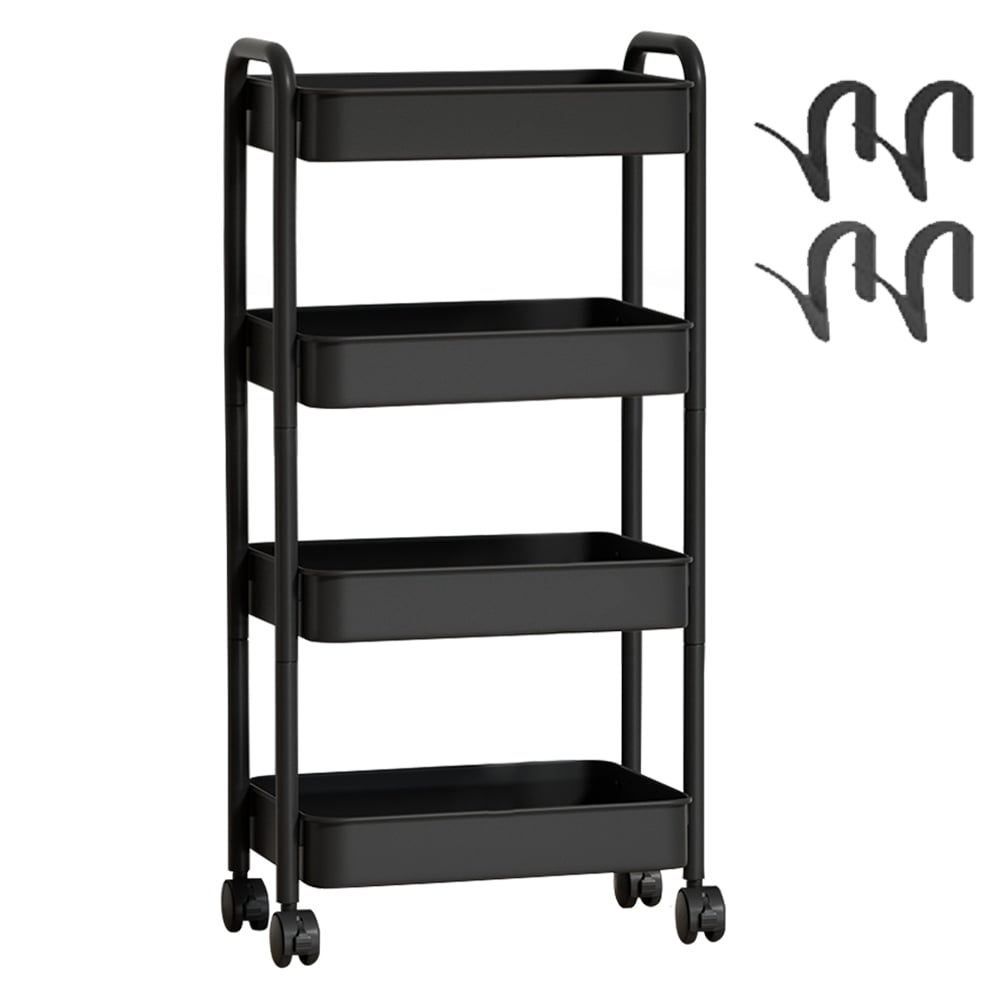 3 Tier / 4 Tier Metal Rolling Storage Cart with Metal Baskets Sturdy Storage Trolley with Handles 4 Hooks Locking Wheel for Kitchen Bedroom and Bathroom Black