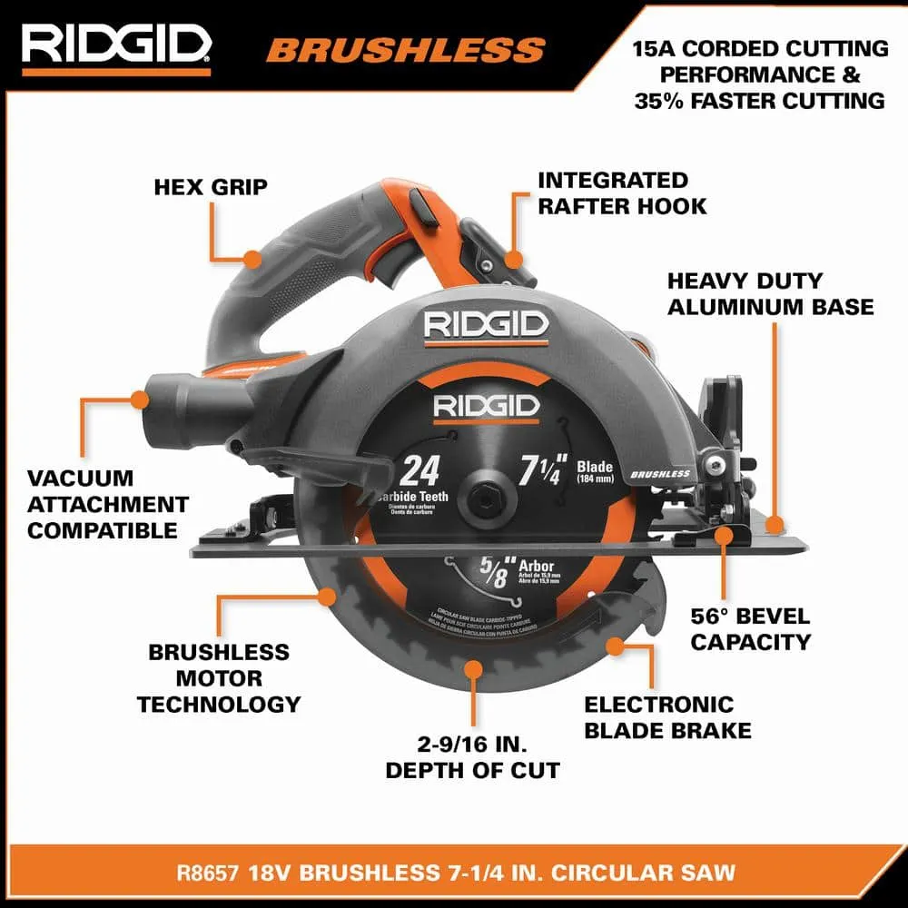 RIDGID 18V Brushless Cordless 7-1/4 in. Circular Saw (Tool Only) R8657B