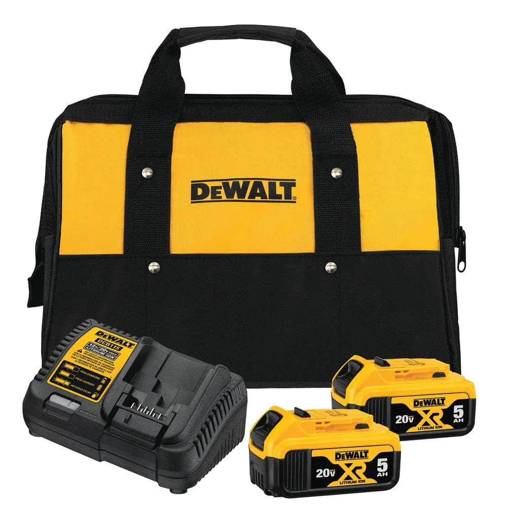 DEWALT 20V MAX XR Premium Lithium-Ion 5.0Ah Battery Pack (2 Pack), Charger and Kit Bag DCB205-2CK