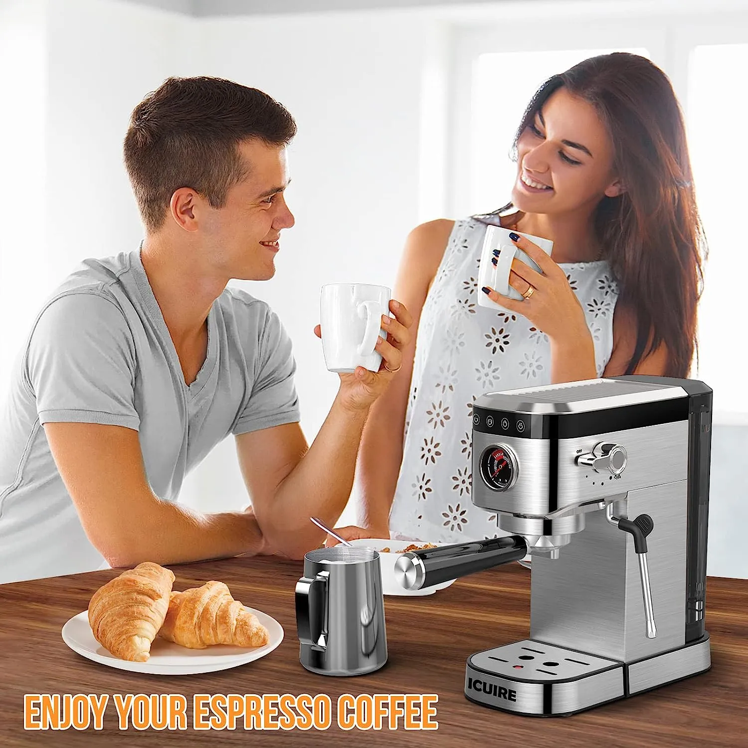 ICUIRE Espresso Machine, 20 Bar Compact Steam Espresso Coffee Machine with Milk Frother, Digital Touch Panel, 37 Oz Removable Water Tank for Espresso Make