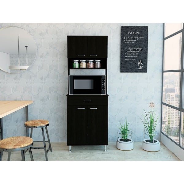 Bay Area Pantry with 2 Double Door Cabinets， Drawer， 2 Open Shelves， 4 Metal Legs - - 33023896