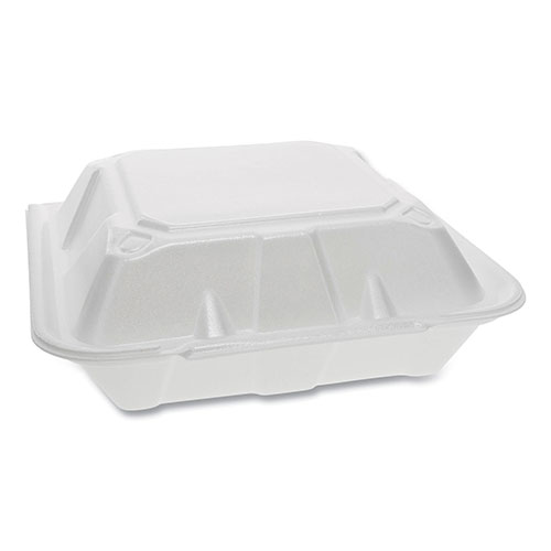 Pactiv Foam Hinged Lid Containers | Dual Tab Lock， 9.13 x 9 x 3.25， 3-Compartment， White， 150