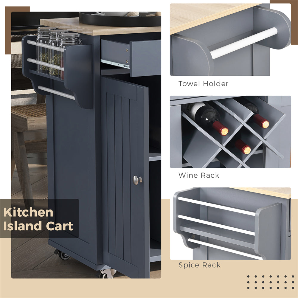 Modern Rolling Mobile Kitchen Island Cart with Wine Rack， 2 Storage Cabinets， Towel Rack and 2 Drawers， Kitchen Island Cart with 4 Locking Wheels for Kitchen， Dining Room and Hallway， Grey Blue
