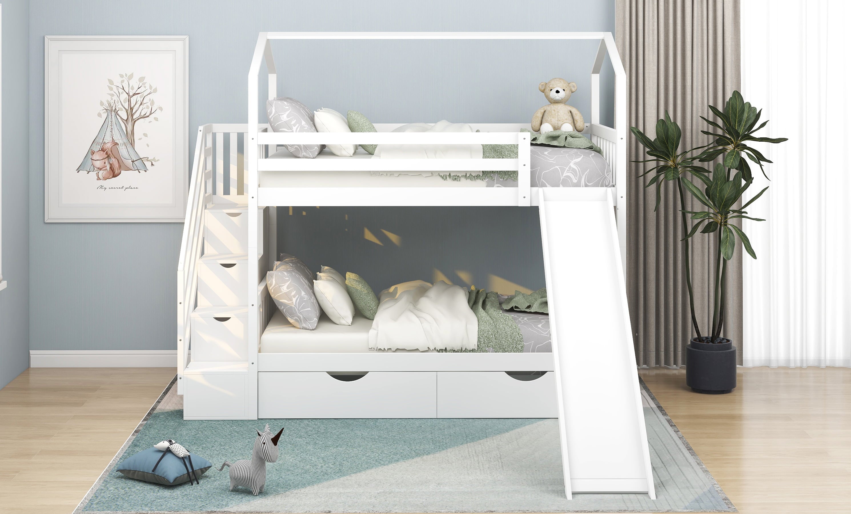 Euroco Twin House Bunk Bed with Storage for Kids, White
