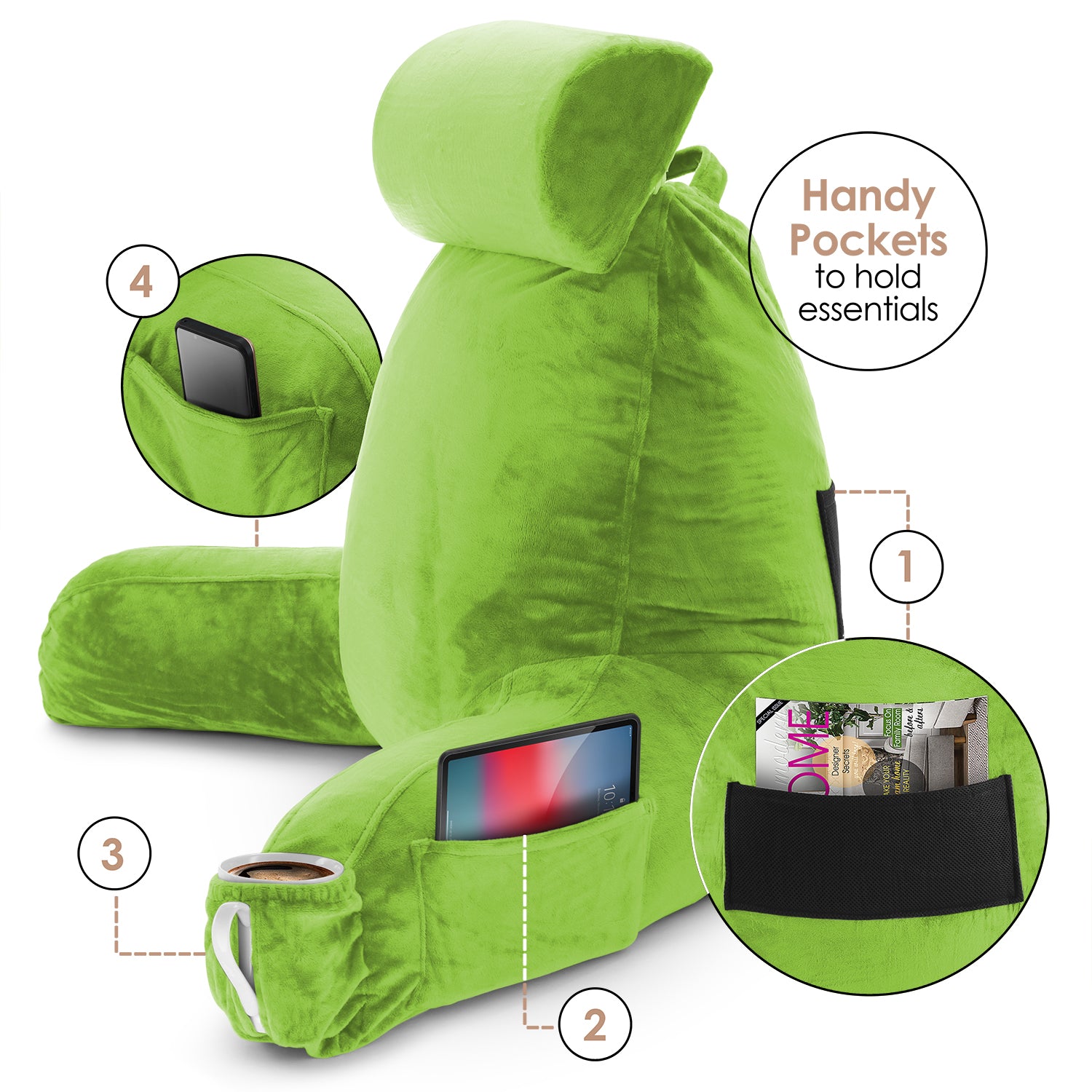 Nestl Reading Pillow, Extra Large Bed Rest Pillow with Arms – Premium Shredded Memory Foam TV Pillow, Detachable Neck Roll & Lumbar Support Pillow - Garden Green