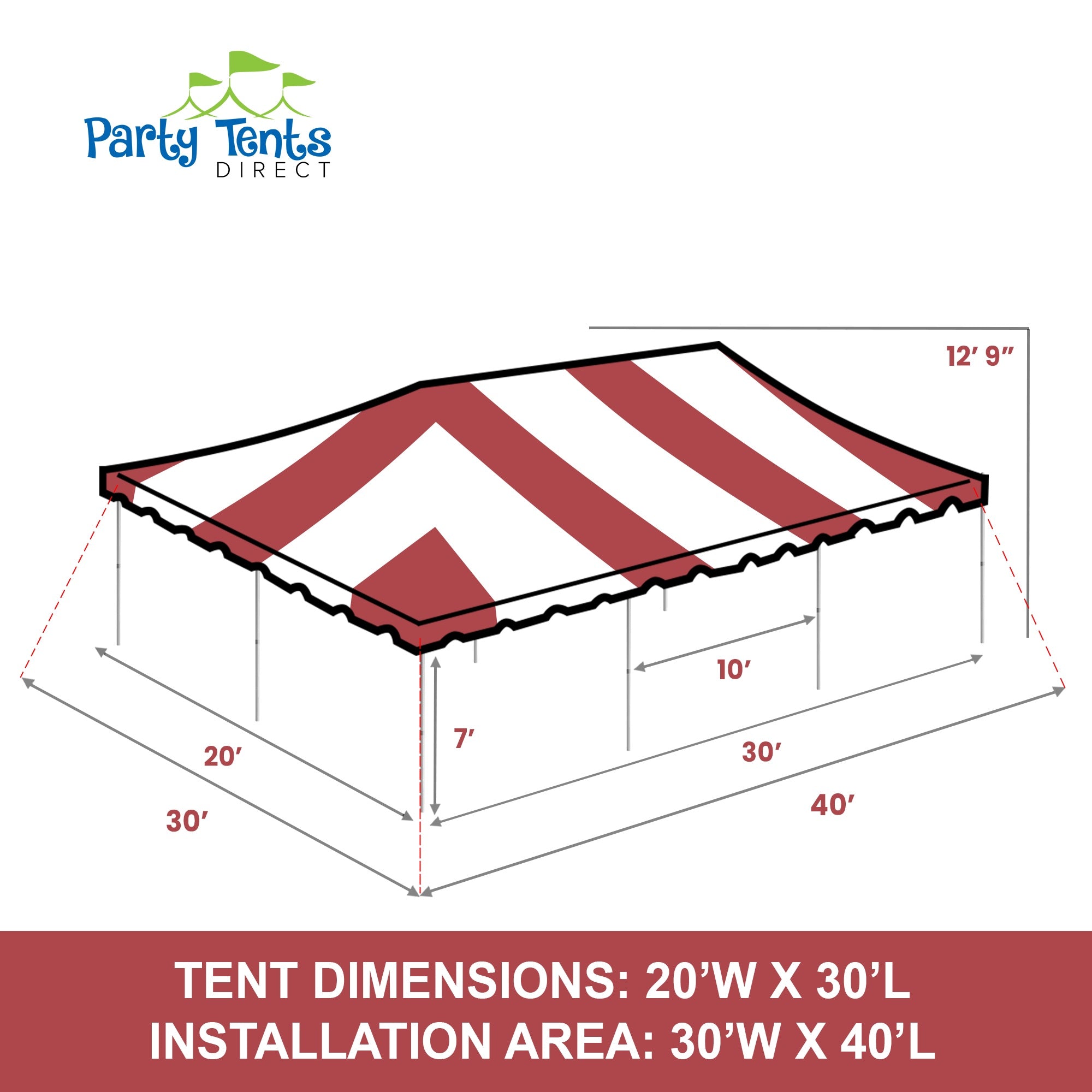 Party Tents Direct Weekender Outdoor Canopy Pole Tent, Red, 20 ft x 30 ft