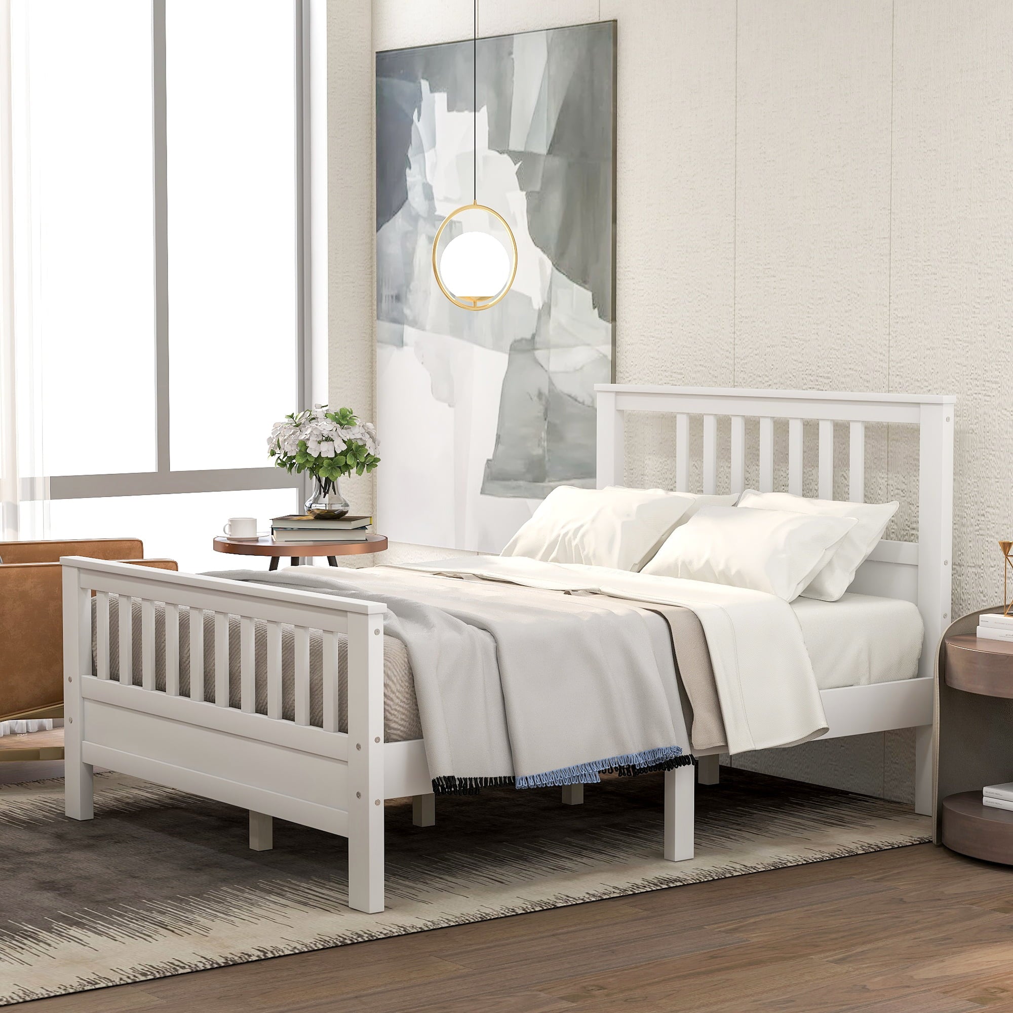 Wood Platform Bed with Headboard, Full Size for Kids (White)