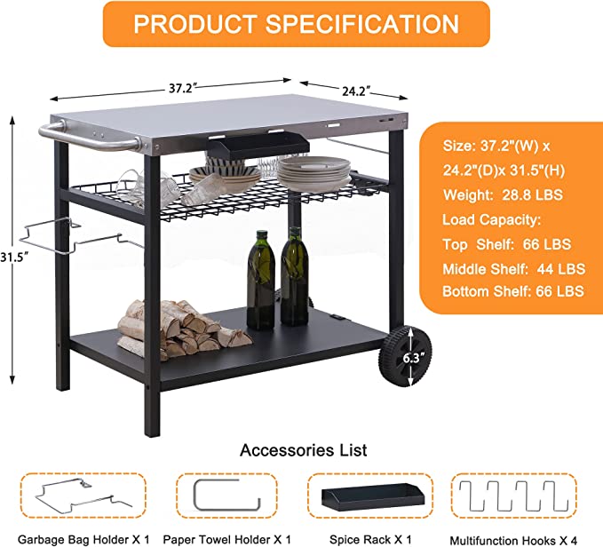 PIZZELLO Outdoor Bar Cart with Storage， Wheels， Handle， Hook， Trash Bag Holder， Paper Towel Holder， Movable Spice Rack - Silver Stainless Steel Tabletop