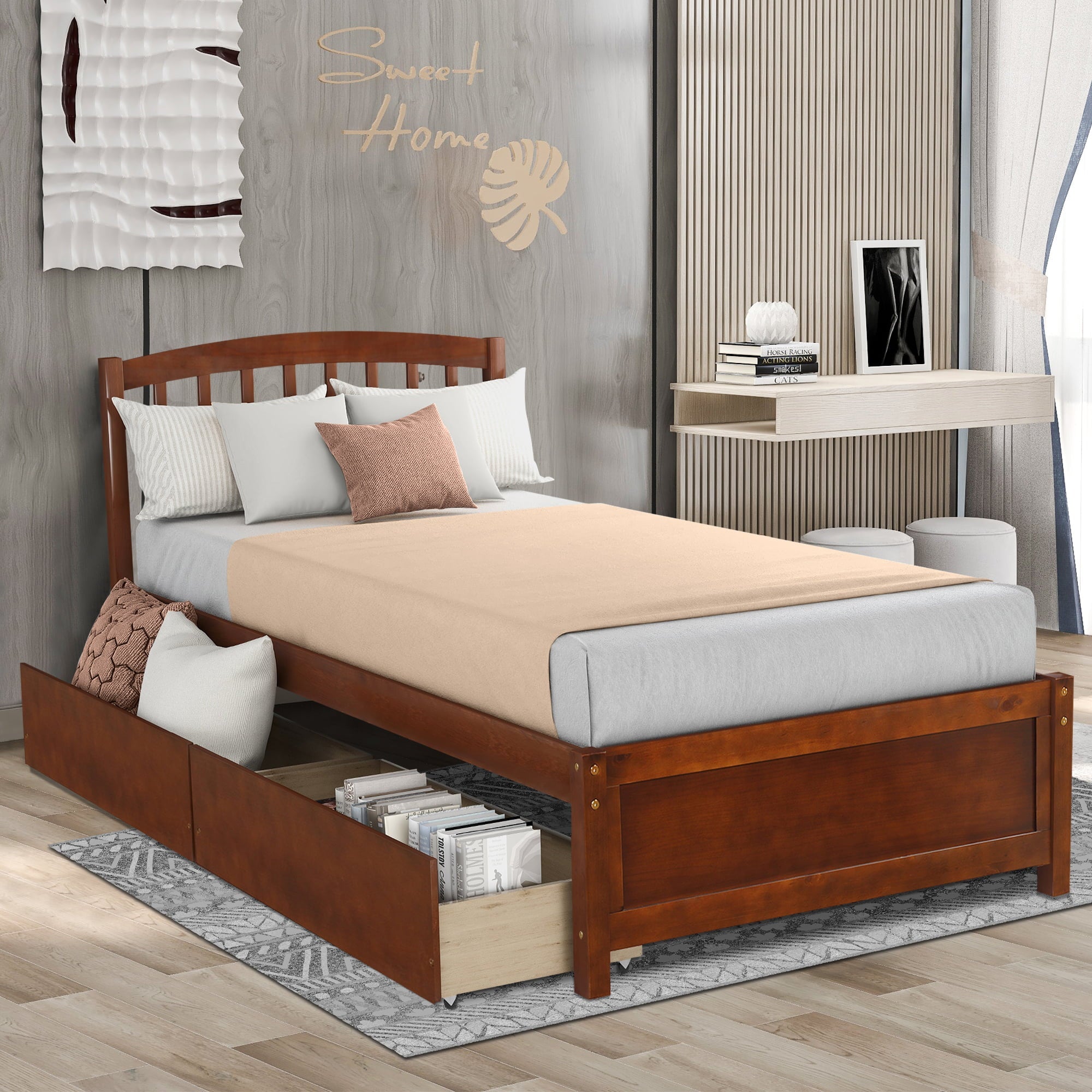 Twin Platform Bed Frame with Storage Drawers, Kids Twin Size Bed Frame No Box Spring Needed, Solid Wood Platform Beds with Headboard and Two Drawers, Modern Single Bed Bedroom Furniture, Walnut, J1169
