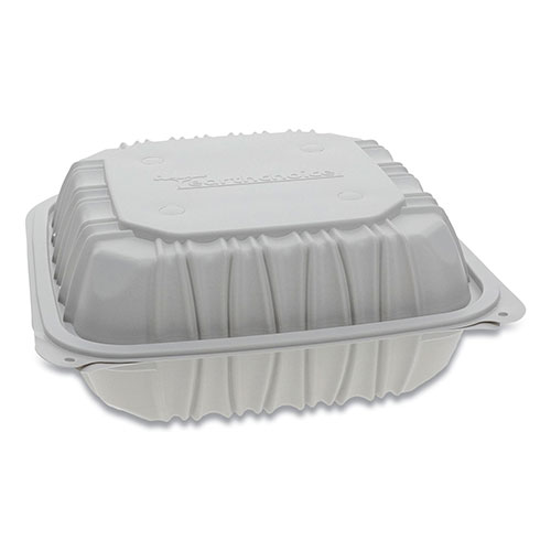 Pactiv Vented Microwavable Hinged-Lid Takeout Container | 3-Compartment， 8.5 x 8.5 x 3.1， White， 146