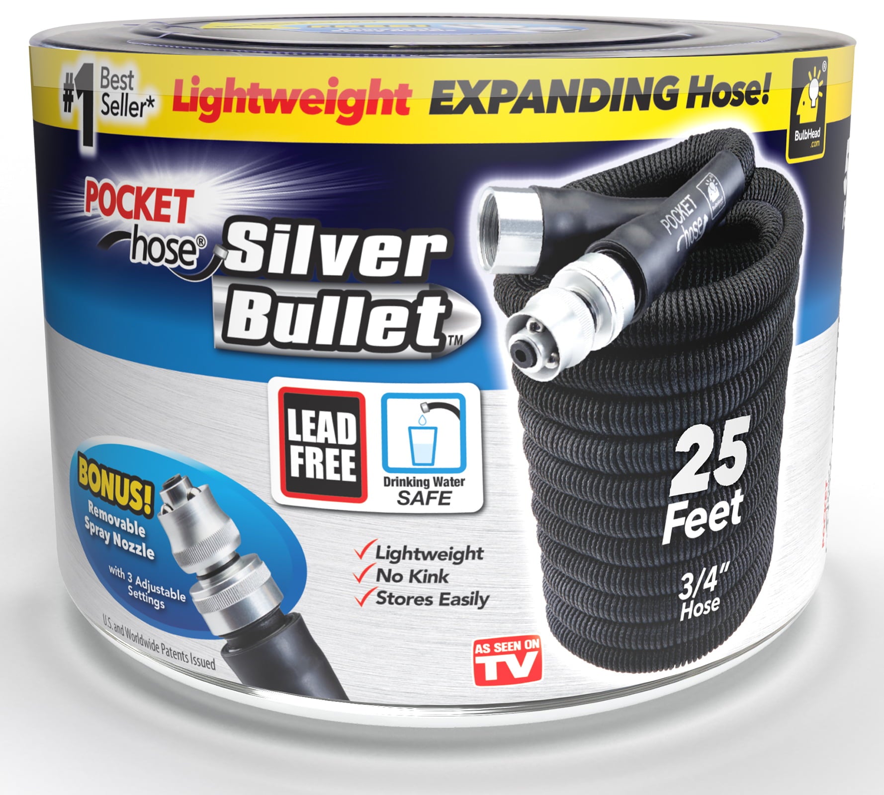 Pocket Hose Original Silver Bullet Water Hose by BulbHead - Expandable Garden Hose That Grows with Lead-Free Aluminum Connectors - Safe Drinking Water Hose (25Feet)