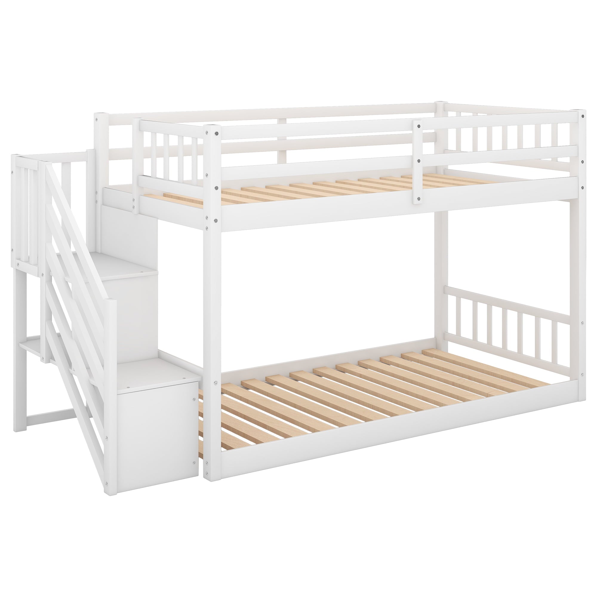 Euroco Wood Twin over Twin Floor Bunk Bed with Stairs for Kids Room, White