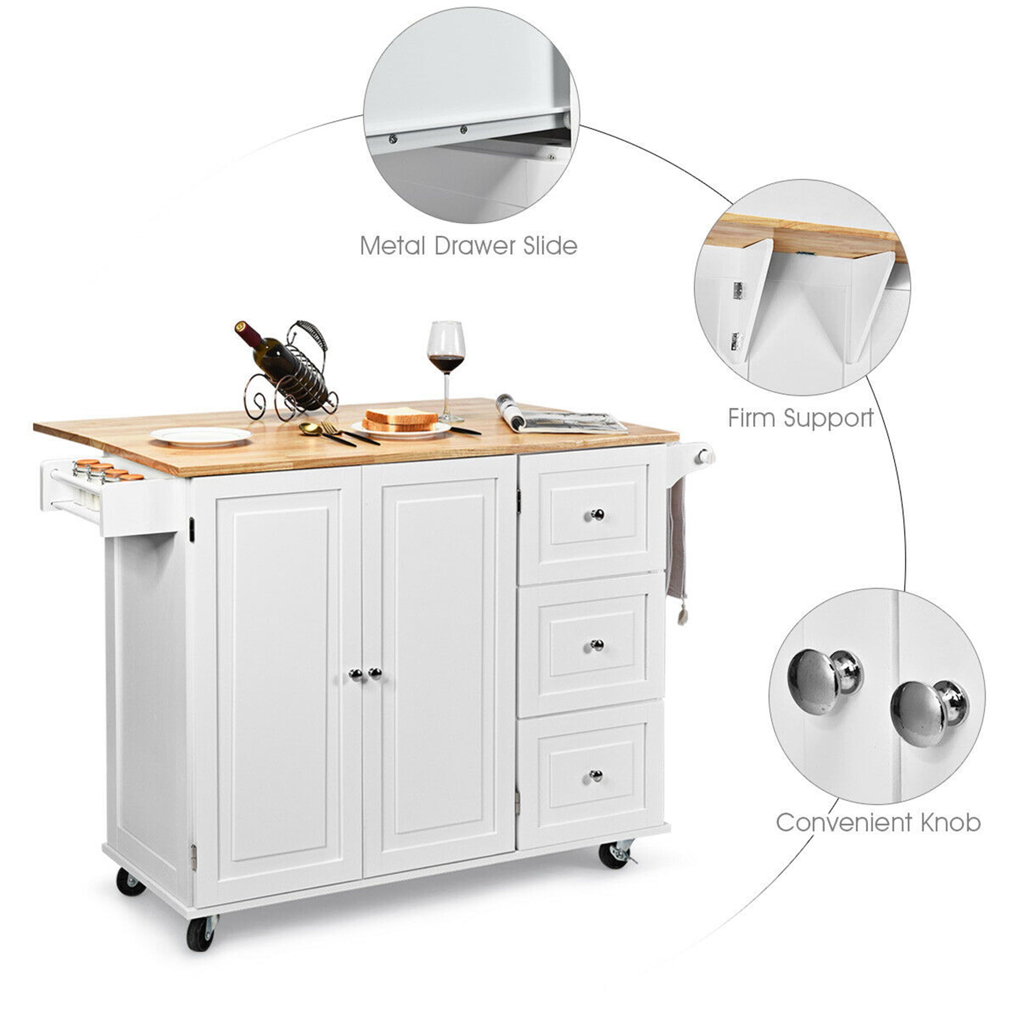Gymax Drop-Leaf Kitchen Island Trolley Cart Wood Storage Cabinet w/ Spice Rack White