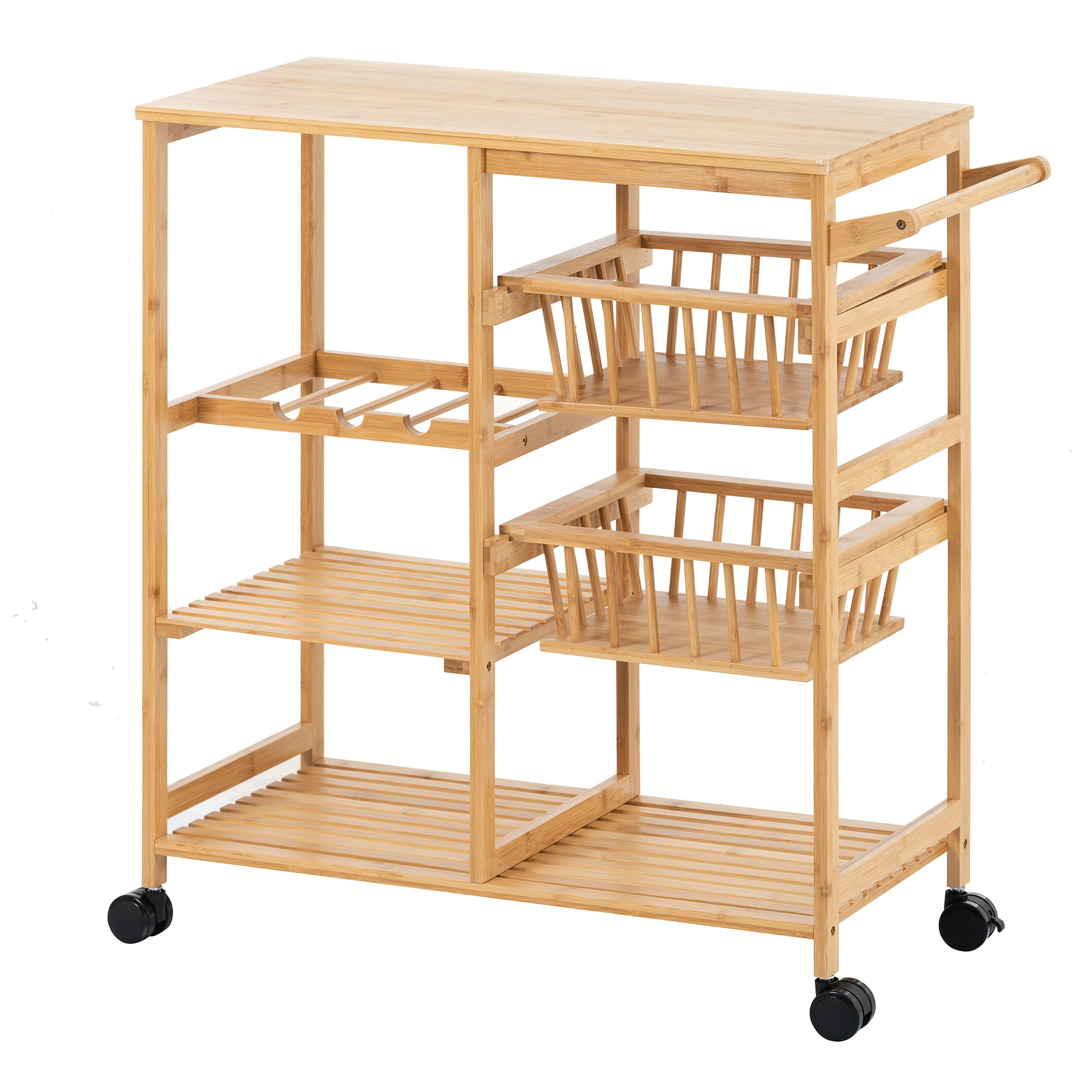 Bamboo Dining Cart， Kitchen Island Cart with Wood Tabletop， 4-Tier Rolling Storage Cart on Wheels， with Open Shelves and Basket Drawers for Home， Dining Room， Office， Restaurant， Hotel， L0485