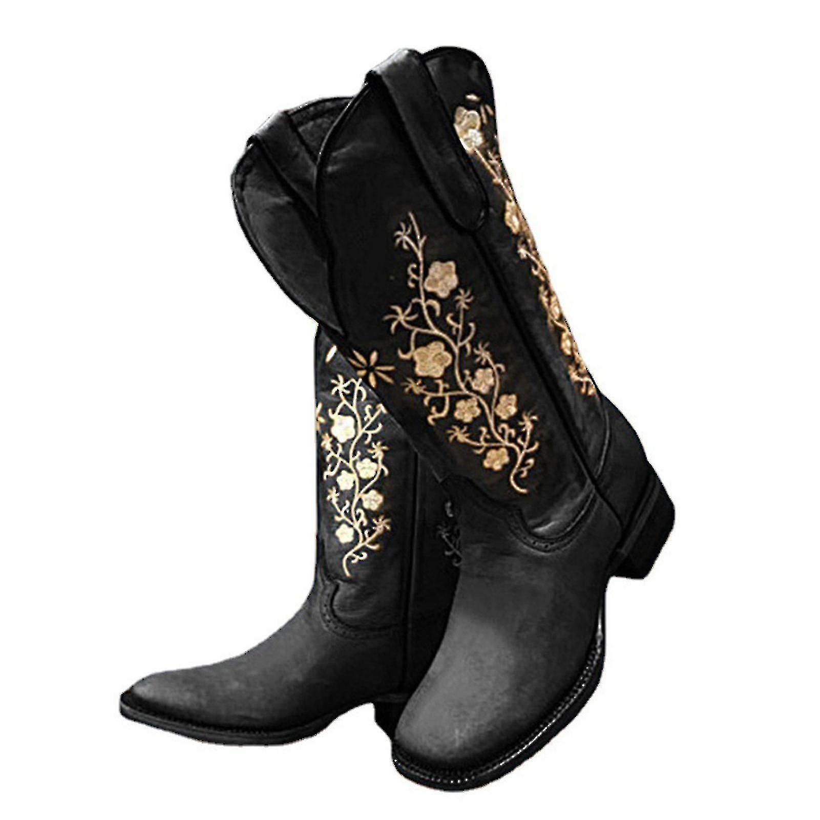 Women's Cowboy Cowgirl Boots Modern Western Embroidered Wide Calf Square Toe Cowboy Boot For Women-liuyue