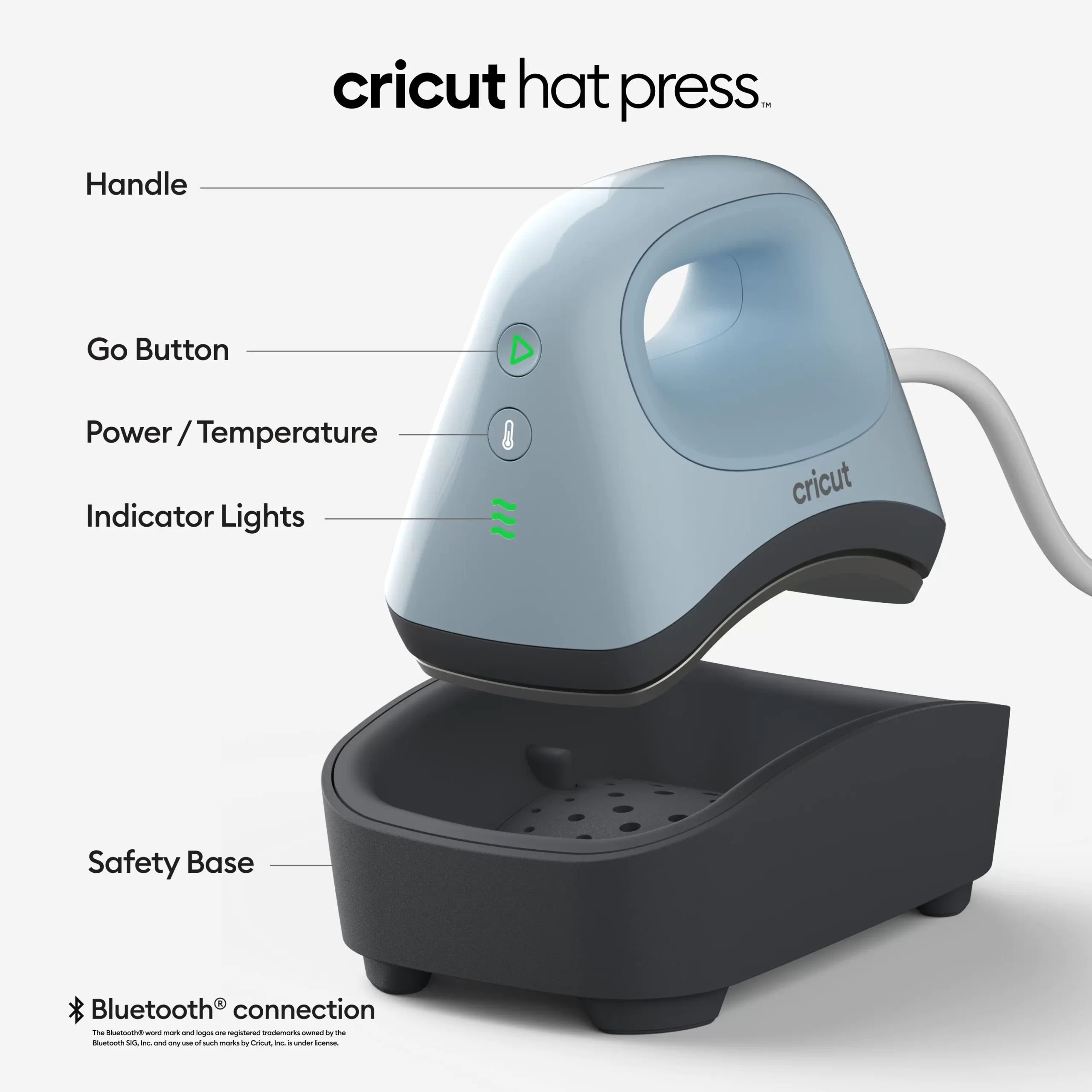 Cricut Hat Press Smart Heat Press Machine for Hats with Built-in Bluetooth， Connects to Cricut Heat App， Curved， Ceramic-Coated Heat Plate， Easy Temperature Control with Safety Base and Auto-Off Feature