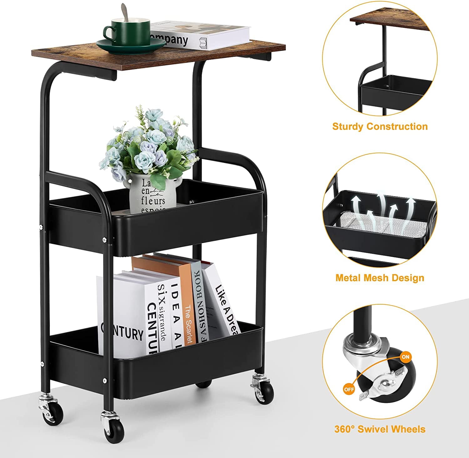 3-Tier Kitchen Rolling Storage Cart with Wheels， Wooden Tabletop， Black