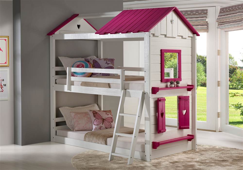 Donco Kids Sweetheart Bunk Bed, Pink and White, Twin/Twin, No Tent