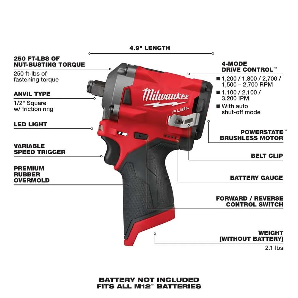Milwaukee M12 FUEL 12V Li-Ion Brushless Cordless 3/8 in. Impact Wrench, 1/2in. Impact Wrench, High Speed 3/8 in. & 1/4 in. Ratchet 2554-20-2555-20-2567-20-2566-20