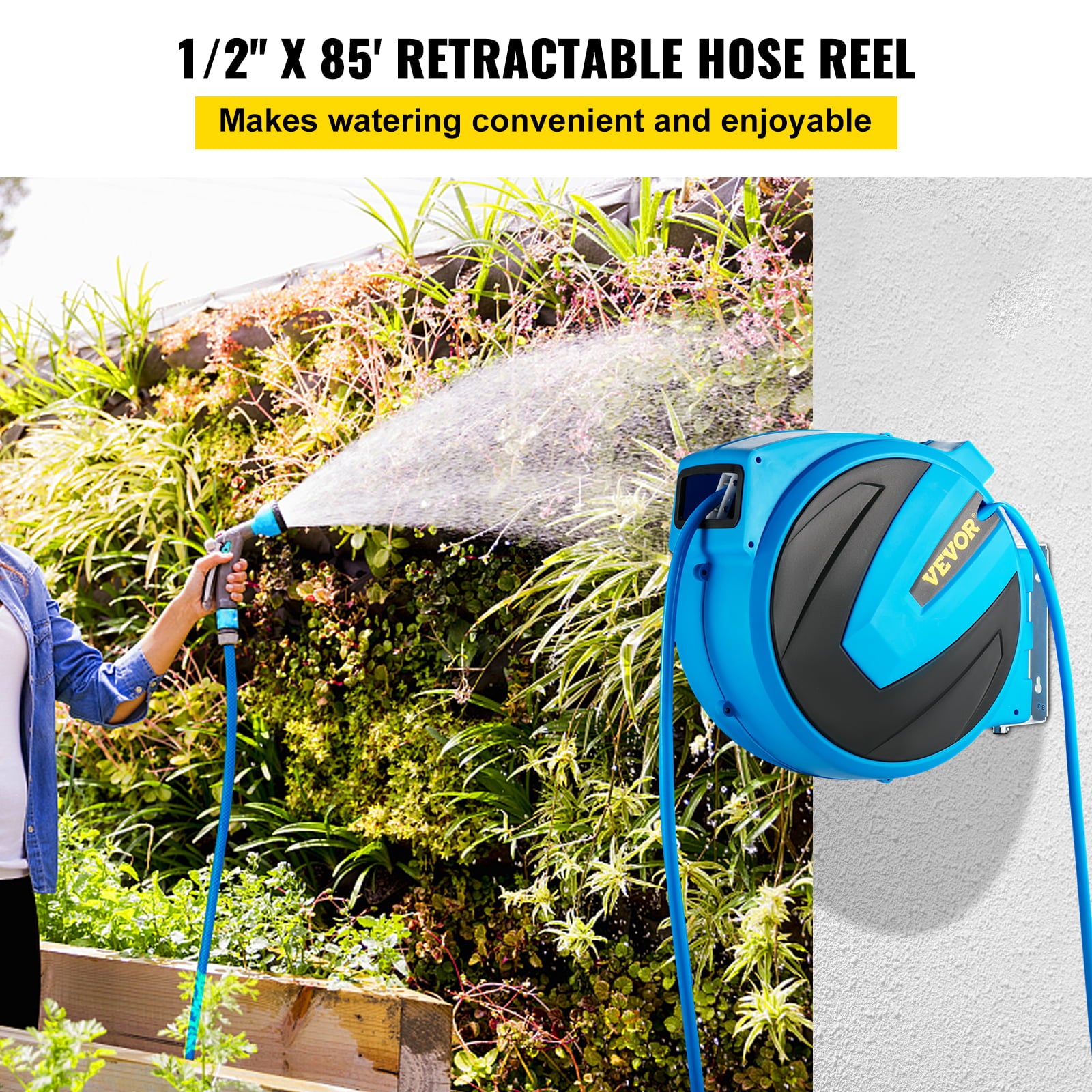 VEVOR Retractable Hose Reel， 1/2 inch x 85 ft， Any Length Lock and Automatic Rewind Water Hose， Wall Mounted Garden Hose Reel With 180° Swivel Bracket and 7 Pattern Hose Nozzle， Blue