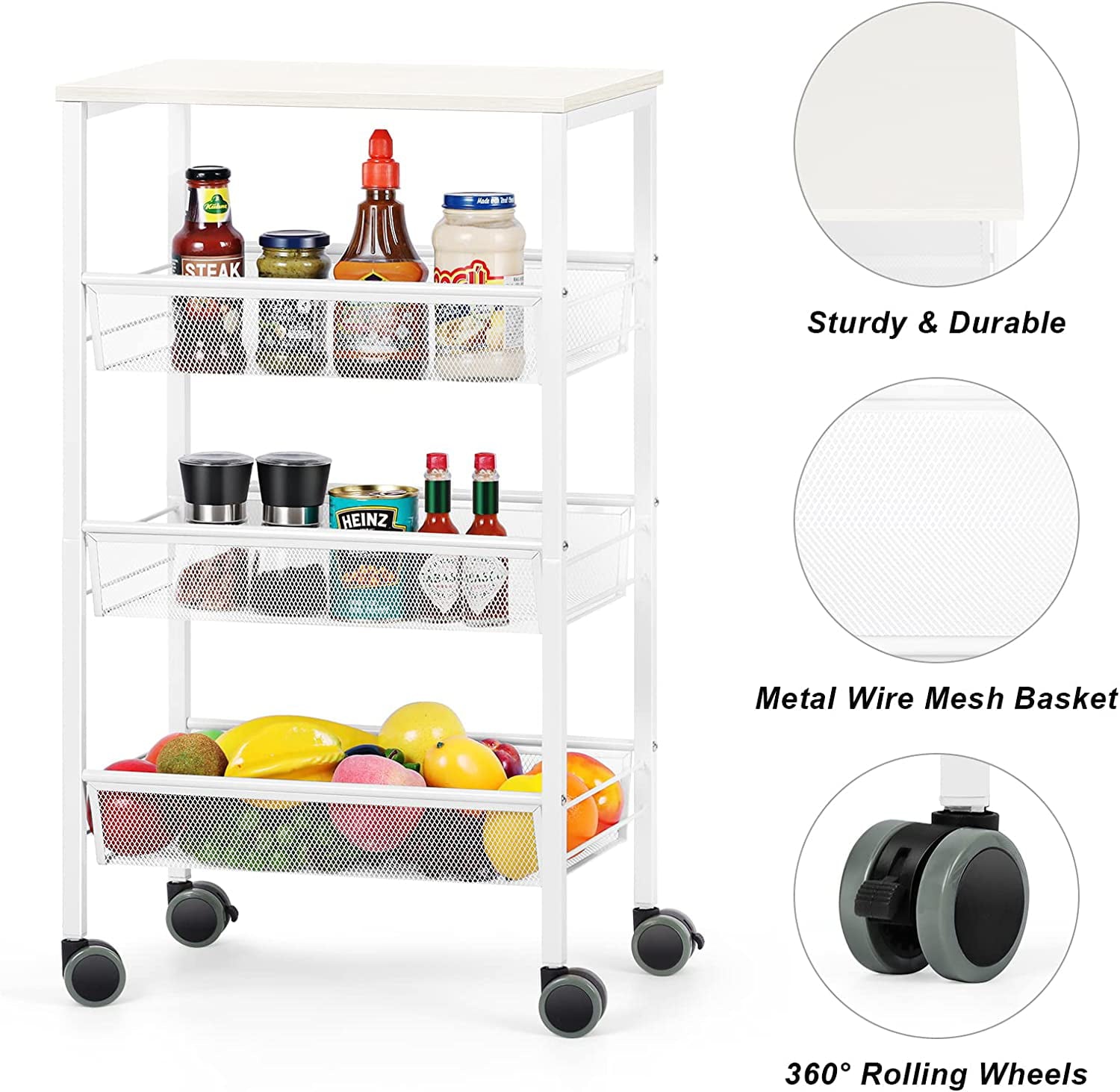 3 Tier Kitchen Storage Rolling Utility Cart with Wood Top， White