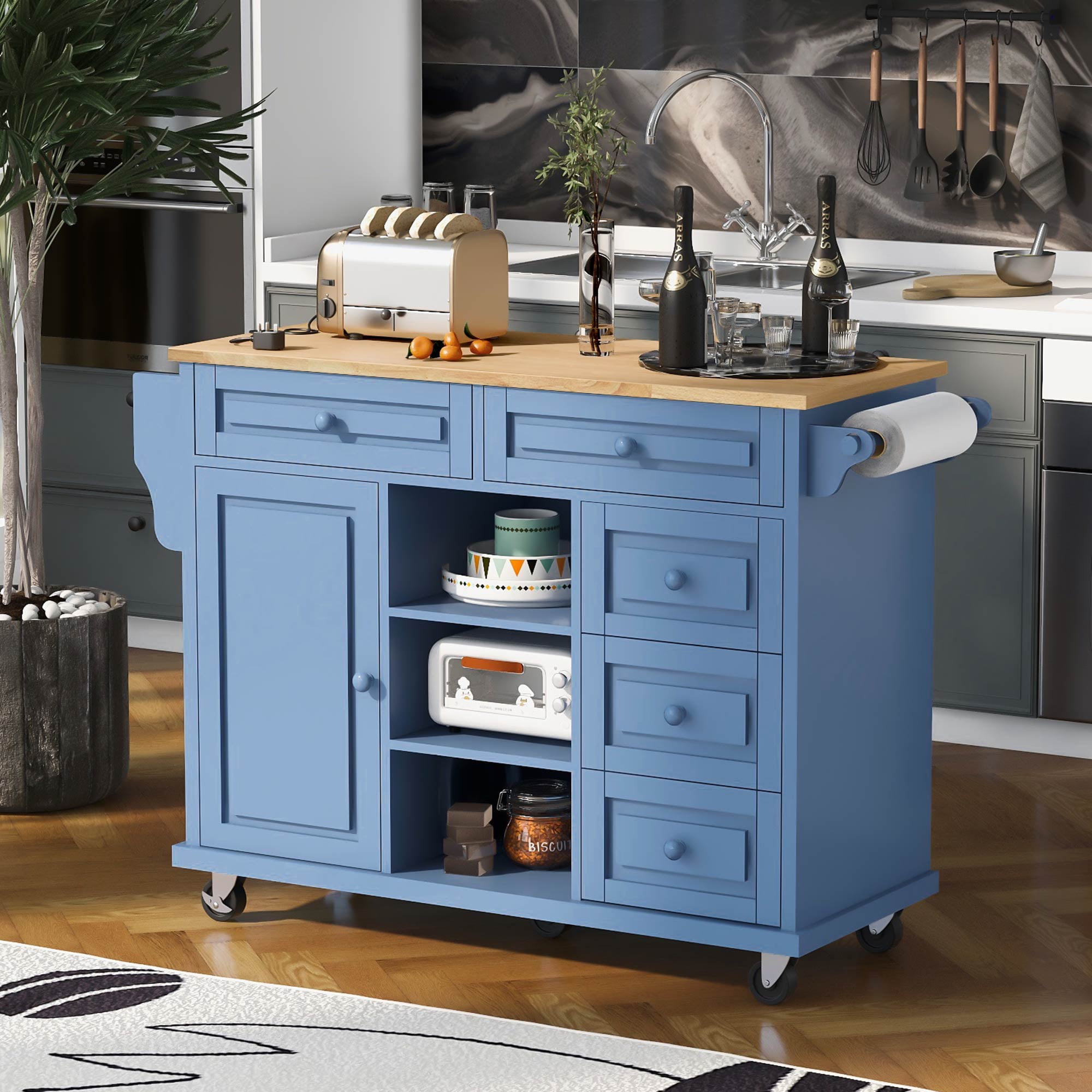 Kitchen Cart with Storage Cabinet， Rolling Mobile Kitchen Island with Adjustable Shelves and 5 Drawers， 53