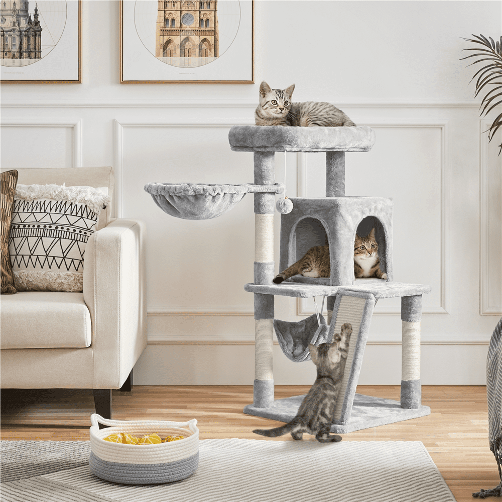 SMILE MART Multi-level Small Cat Tree Tower with Condo， Light Gray