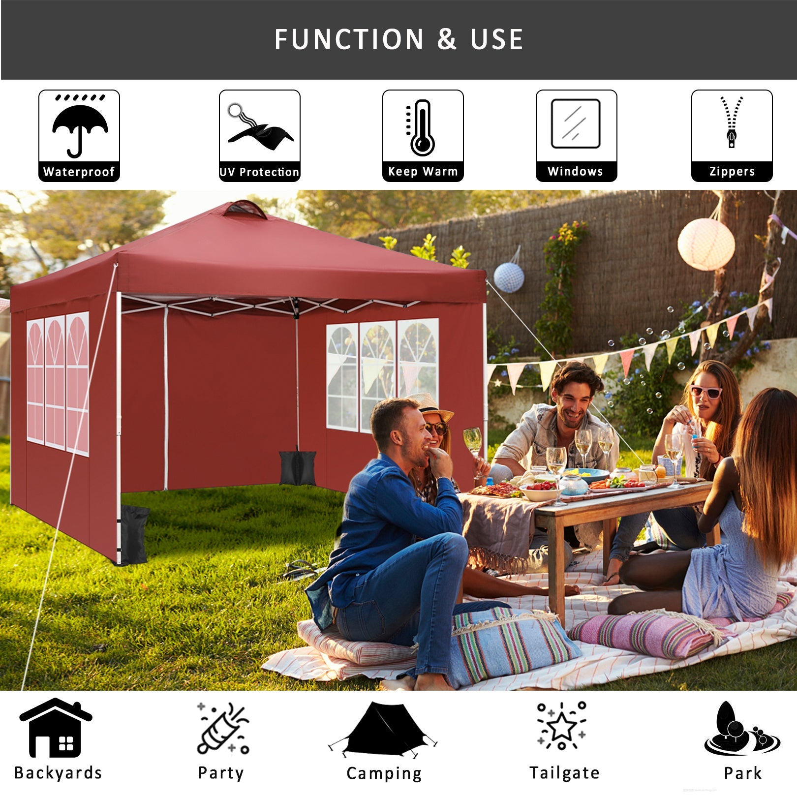 10' x 10' Straight Leg Pop-up Canopy Tent Easy One Person Setup Instant Outdoor Canopy Folding Shelter with 4 Removable Sidewalls, Air Vent on The Top, 4 Sandbags, Carrying Bag, Red