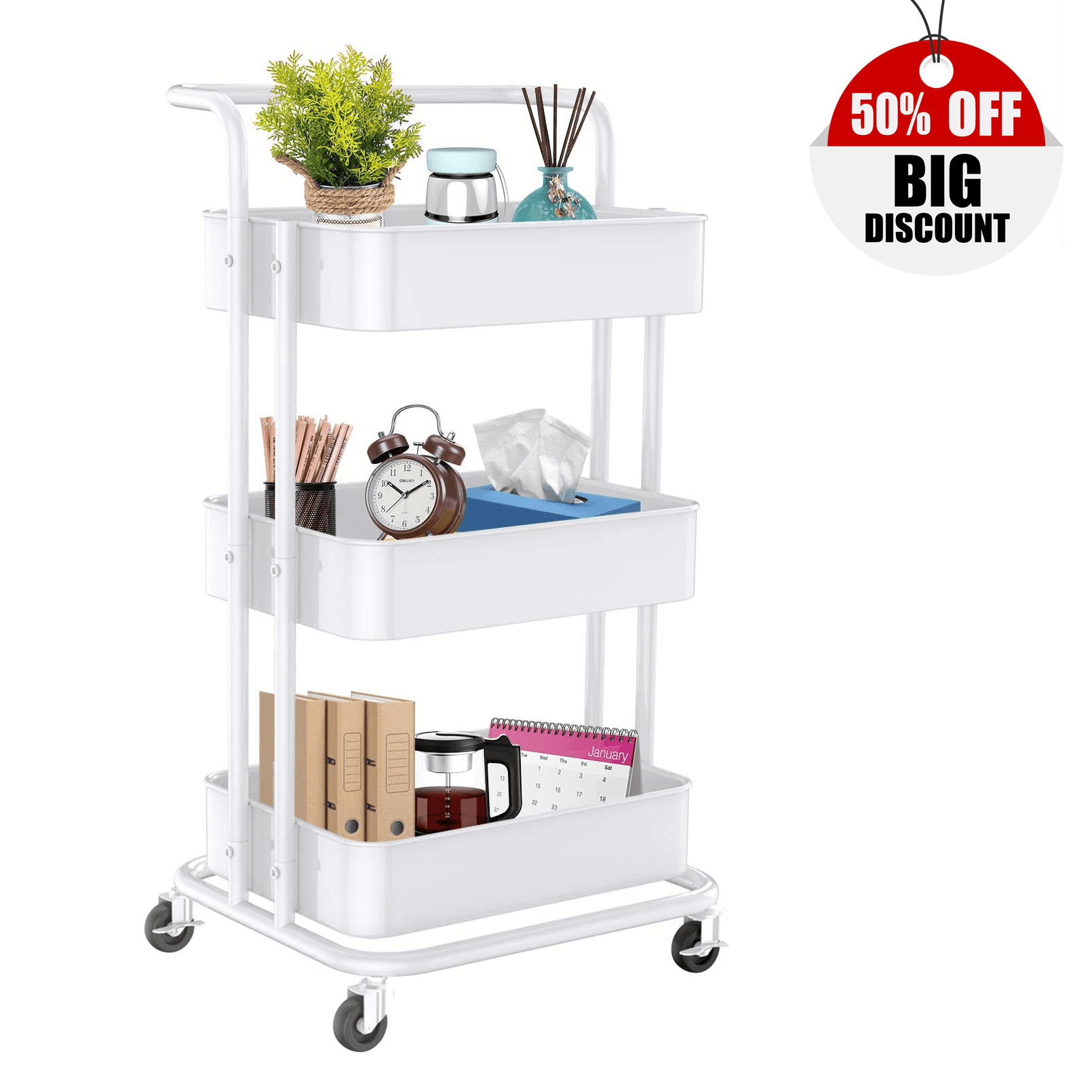 Rolling Utility Cart， 3-Tier Kitchen Organization Cart with Lockable Wheels， Multi-Functional Storage Trolley for Office， Living Room， Kitchen