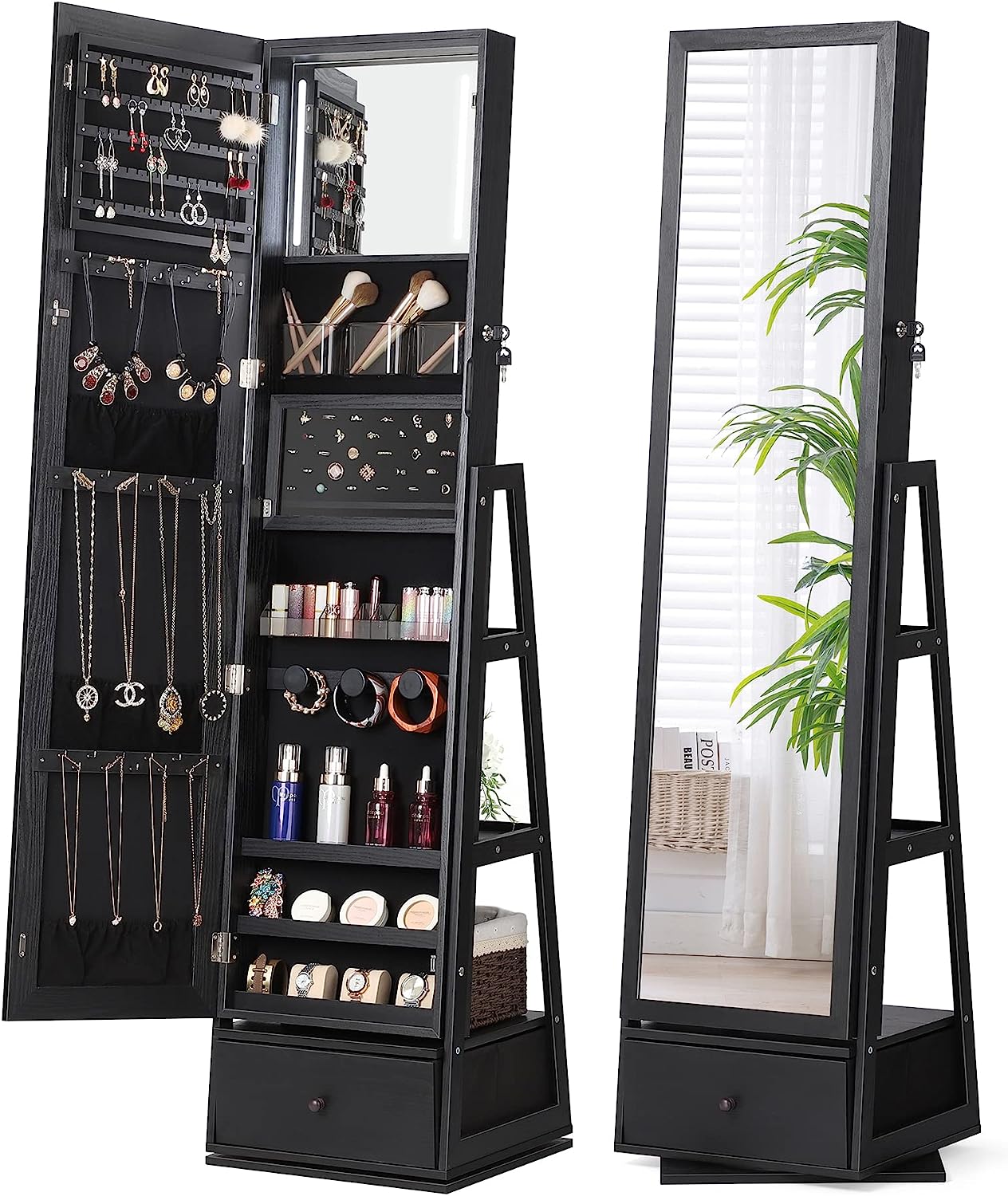 360° Swivel Jewelry Cabinet with Lights-Touch Screen Vanity Mirror