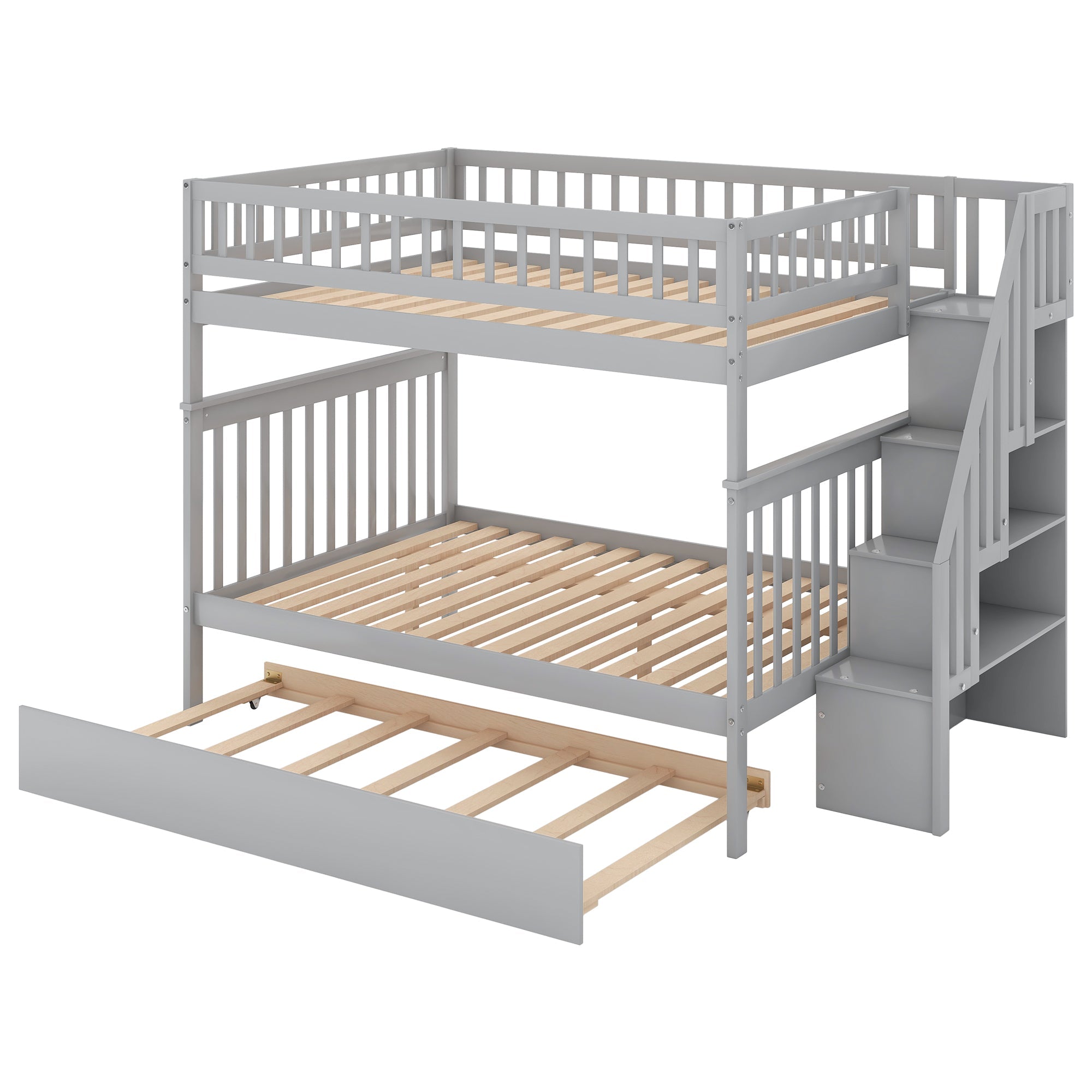 Euroco Full over Full Bunk Bed with Trundle and Storage Shelves for Kids, Gray