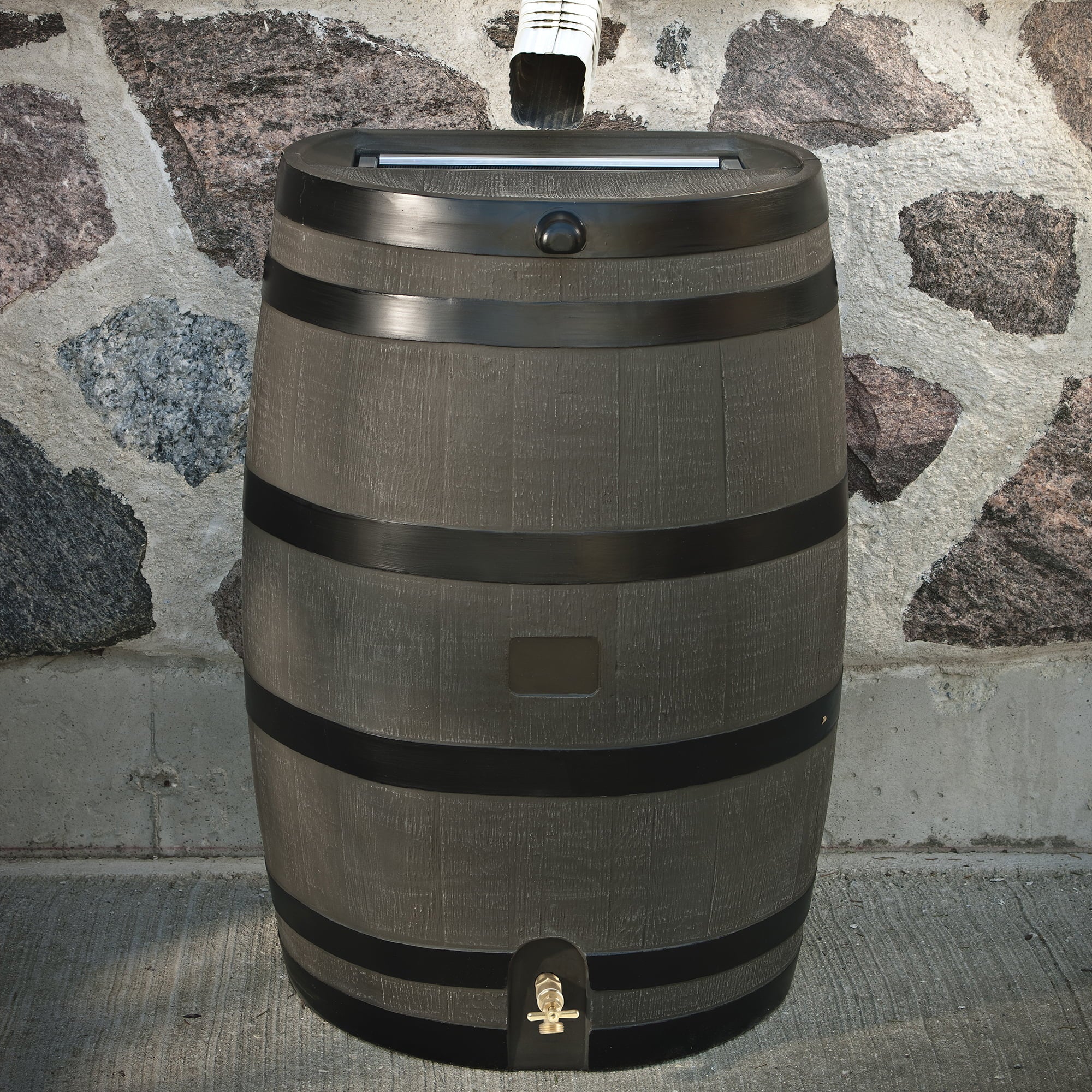 RTS Home Accents Polyethylene 50 Gallon Flat Back Brass Spigot Rain Barrel， Woodgrain with Black Stripes Color