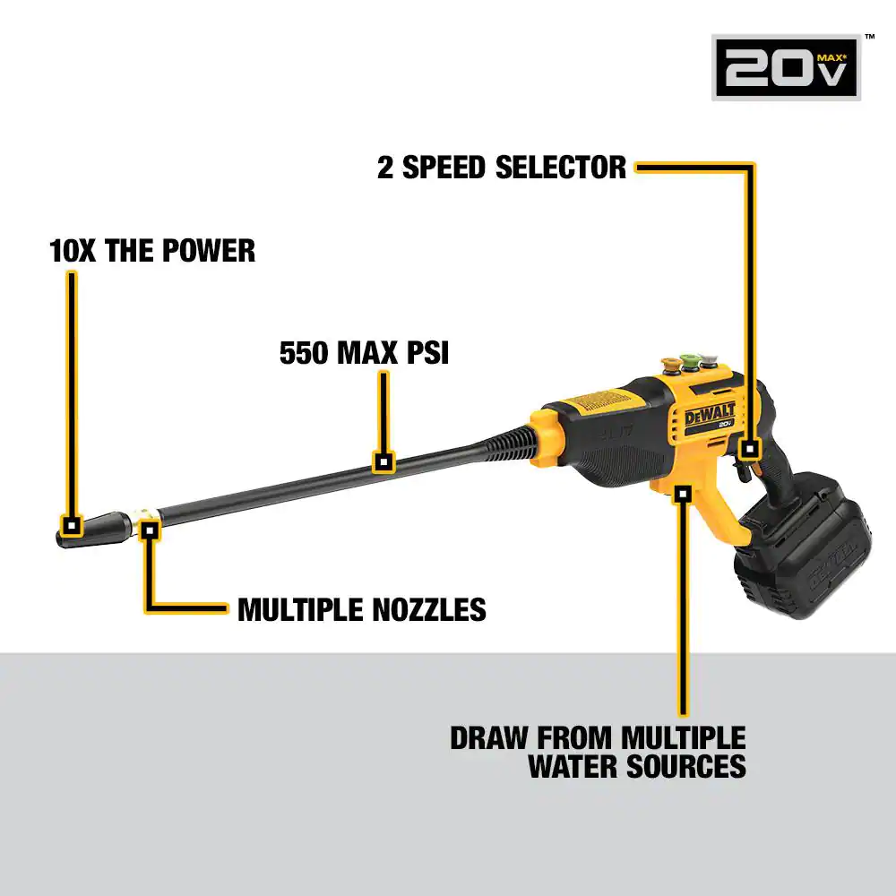 DEWALT DCPW550P1 20V MAX 550 PSI 1.0 GPM Cold Water Cordless Electric Power Cleaner with 4 Nozzles， (1) 5.0 Ah Battery and Charger