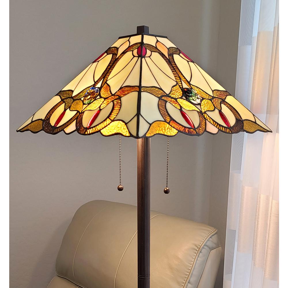 HomeRoots 478097 62 in. Two Lights Traditional Shaped Floor Lamp with Brown & White Stained Glass Cone Shade&#44; Brown